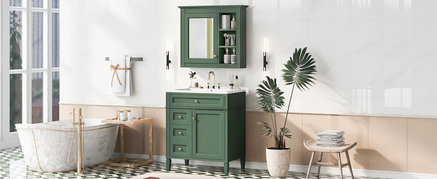 30'' Bathroom Vanity With Top Sink, Modern Bathroom Storage Cabinet With 2 Drawers And A Tip Out Drawer, Freestanding Vanity Set With Mirror Cabinet, Single Sink Bathroom Vanity Same As Sw000126Aaf