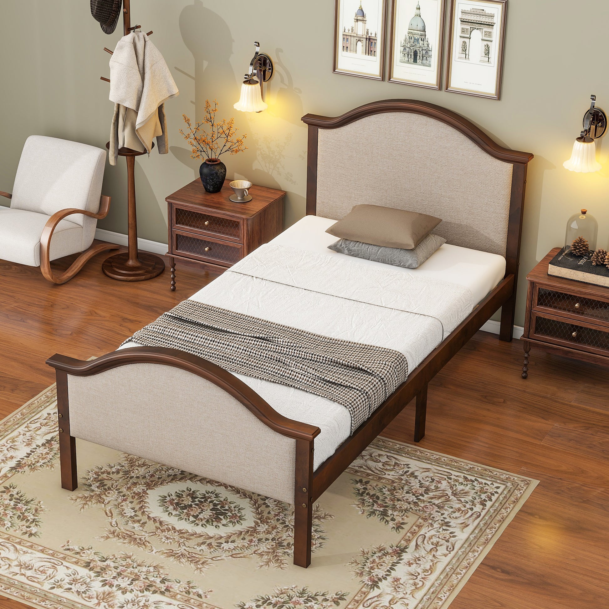 Twin Size Bed Frame With Headboard And Footboard, Upholstered Twin Platform Bed With Strong Wooden Slats Support,Walnut Twin Walnut Bedroom American Design Pine