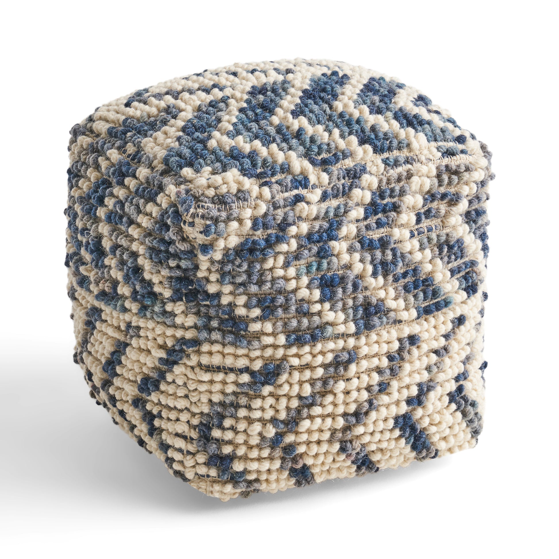 Alina Wool And Cotton Pouf, Natural And Blue Natural Wool