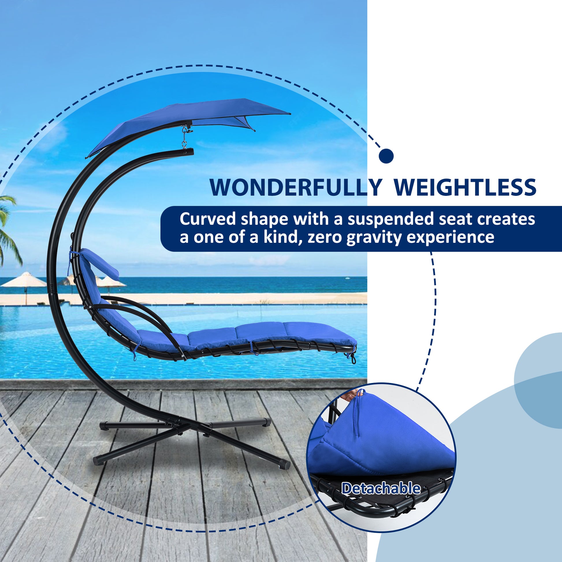 Hanging Chaise Lounger With Removable Canopy, Outdoor Swing Chair With Built In Pillow, Hanging Curved Chaise Lounge Chair Swing For Patio Porch Poolside, Hammock Chair With Stand Navt Navy Metal