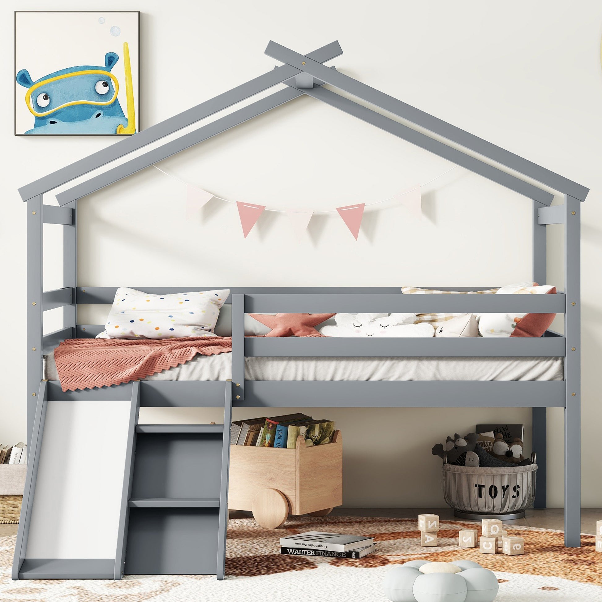 Twin Low Loft House Bed With Slide, Ladder, Safety Guardrails, House Roof Frame,Grey Twin Grey American Design Pine