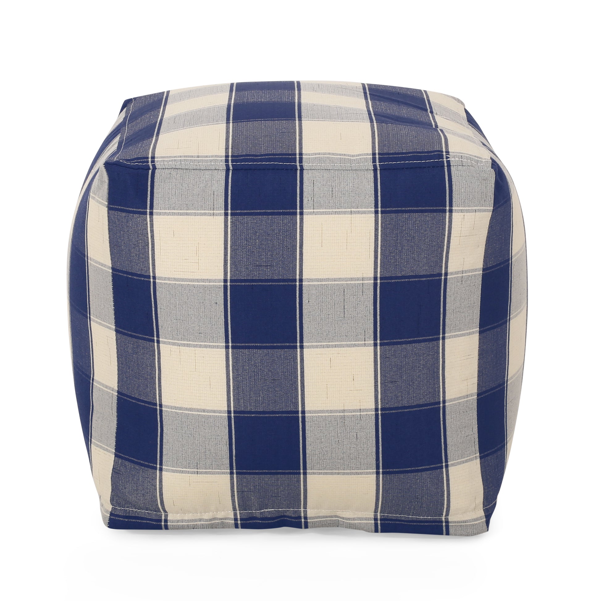 Connor Checkered Square Pouf, Ivory And Navy Blue Ivory Navy Fabric