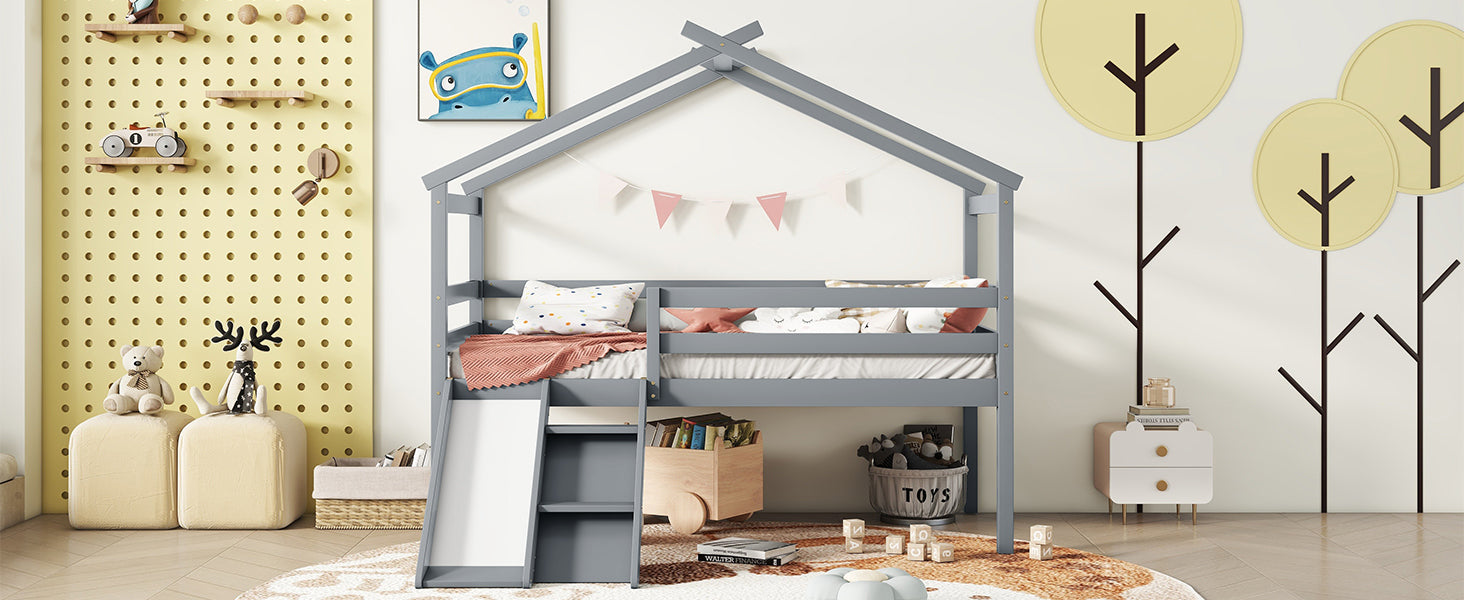 Twin Low Loft House Bed With Slide, Ladder, Safety Guardrails, House Roof Frame,Grey Twin Grey American Design Pine