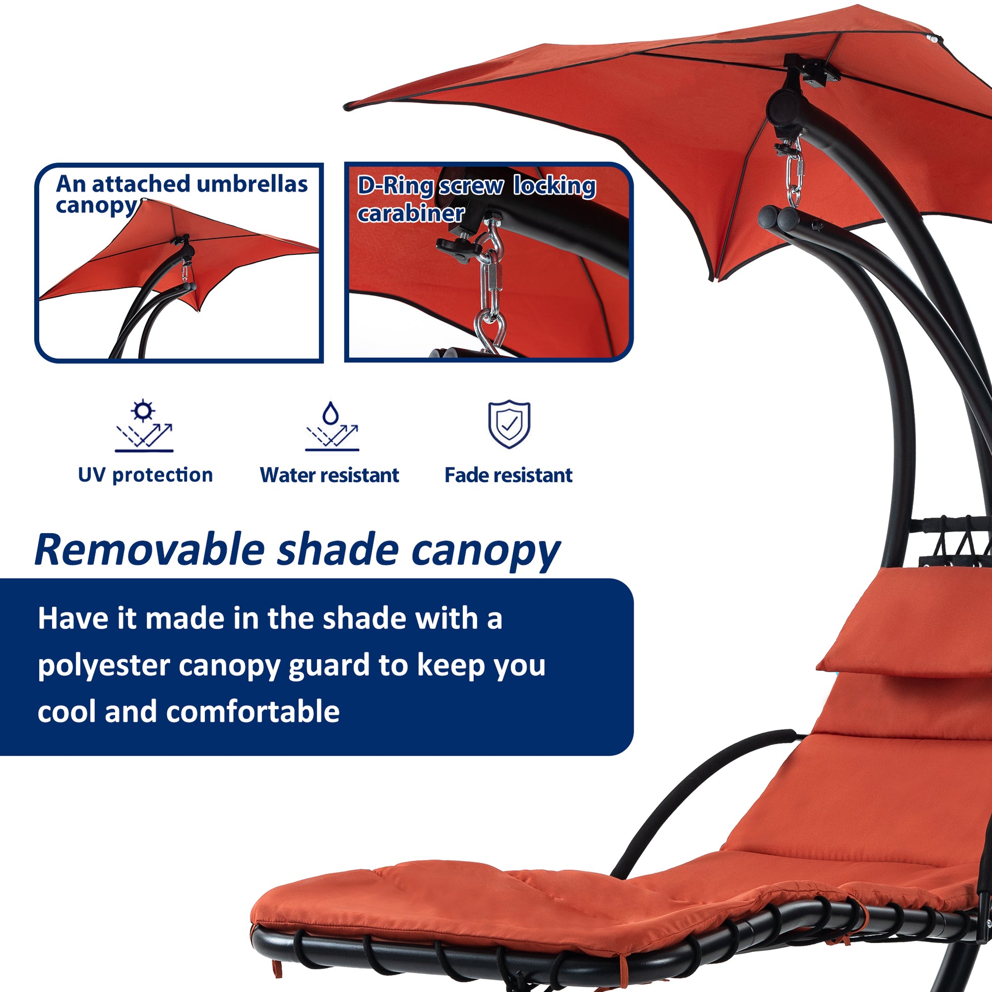 Hanging Chaise Lounger With Removable Canopy, Outdoor Swing Chair With Built In Pillow, Hanging Curved Chaise Lounge Chair Swing For Patio Porch Poolside, Hammock Chair With Stand Orange Orange Metal