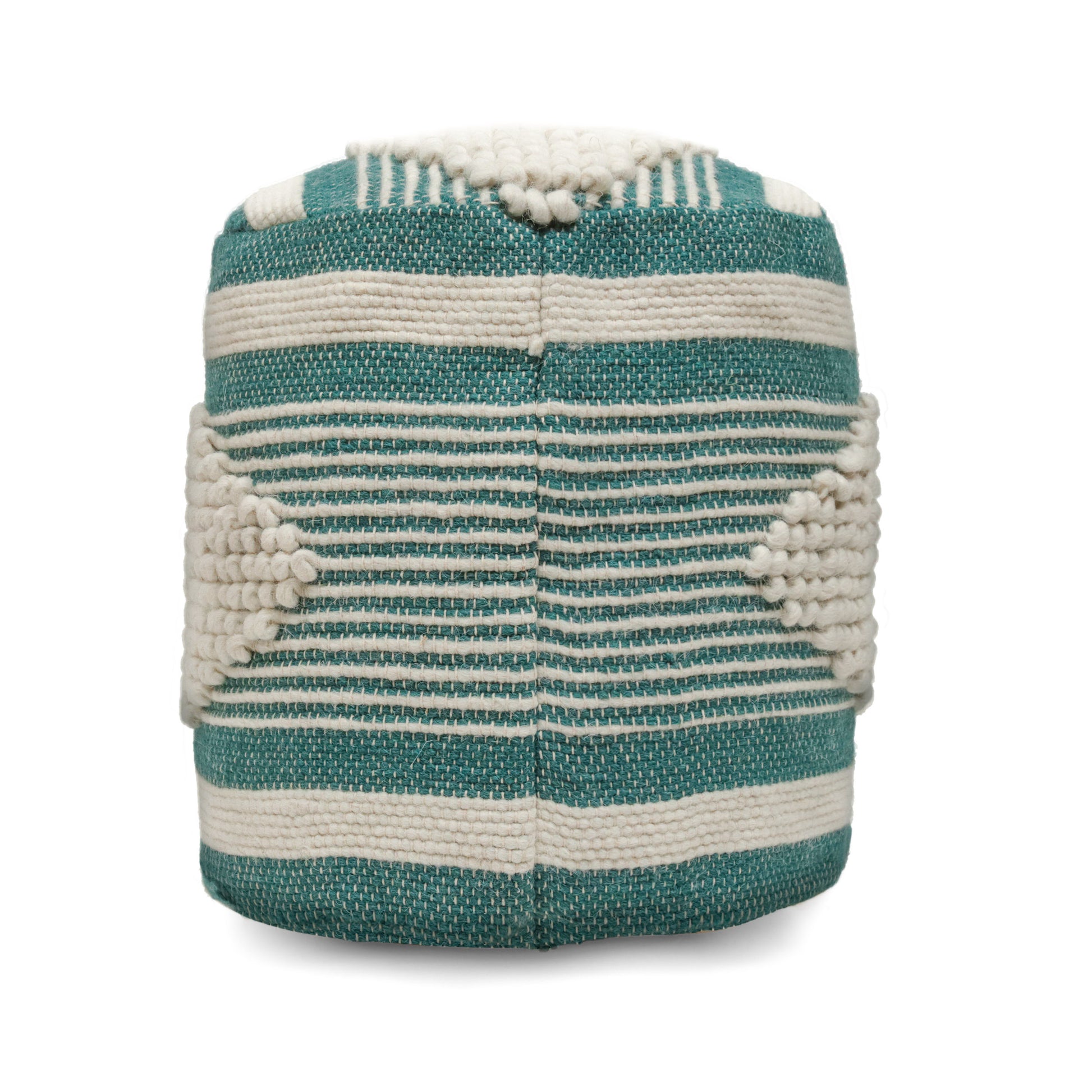 Diamond Handcrafted Fabric Cylindrical Pouf, White And Teal Teal Fabric