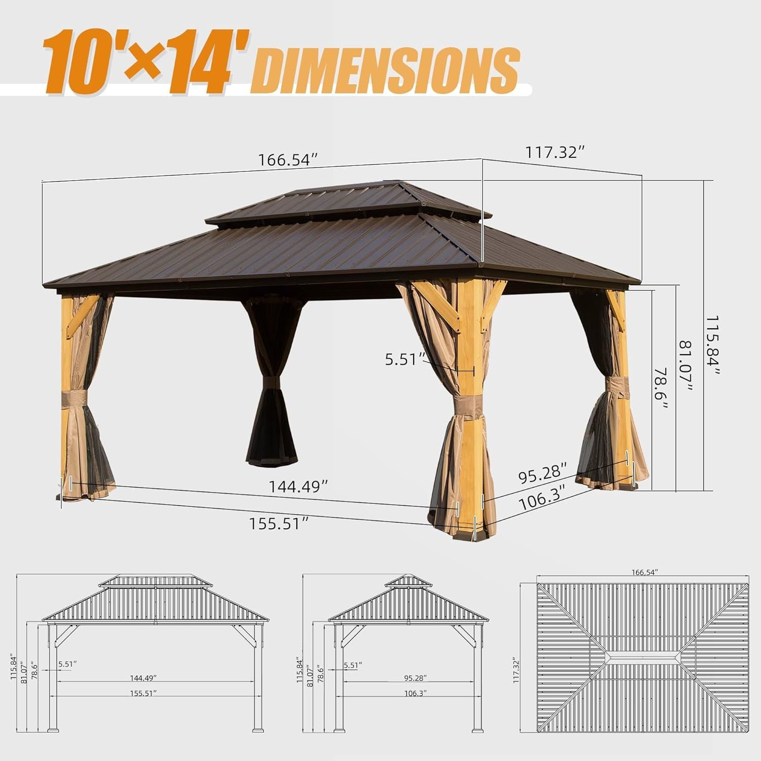 10X14Ft Cedar Wood Gazebo, Solid Wood Hardtop Gazebo With Galvanized Steel Double Roof, Netting & Curtains, Outdoor Gazebo For Patio, Backyard, Deck, Lawns Brown Aluminum