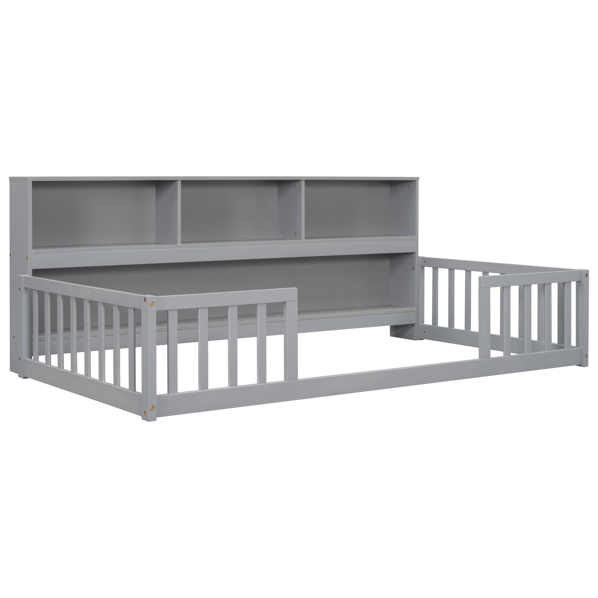 Twin Floor Bed With Bedside Bookcase,Shelves,Guardrails,Grey Twin Grey Bedroom American Design Pine