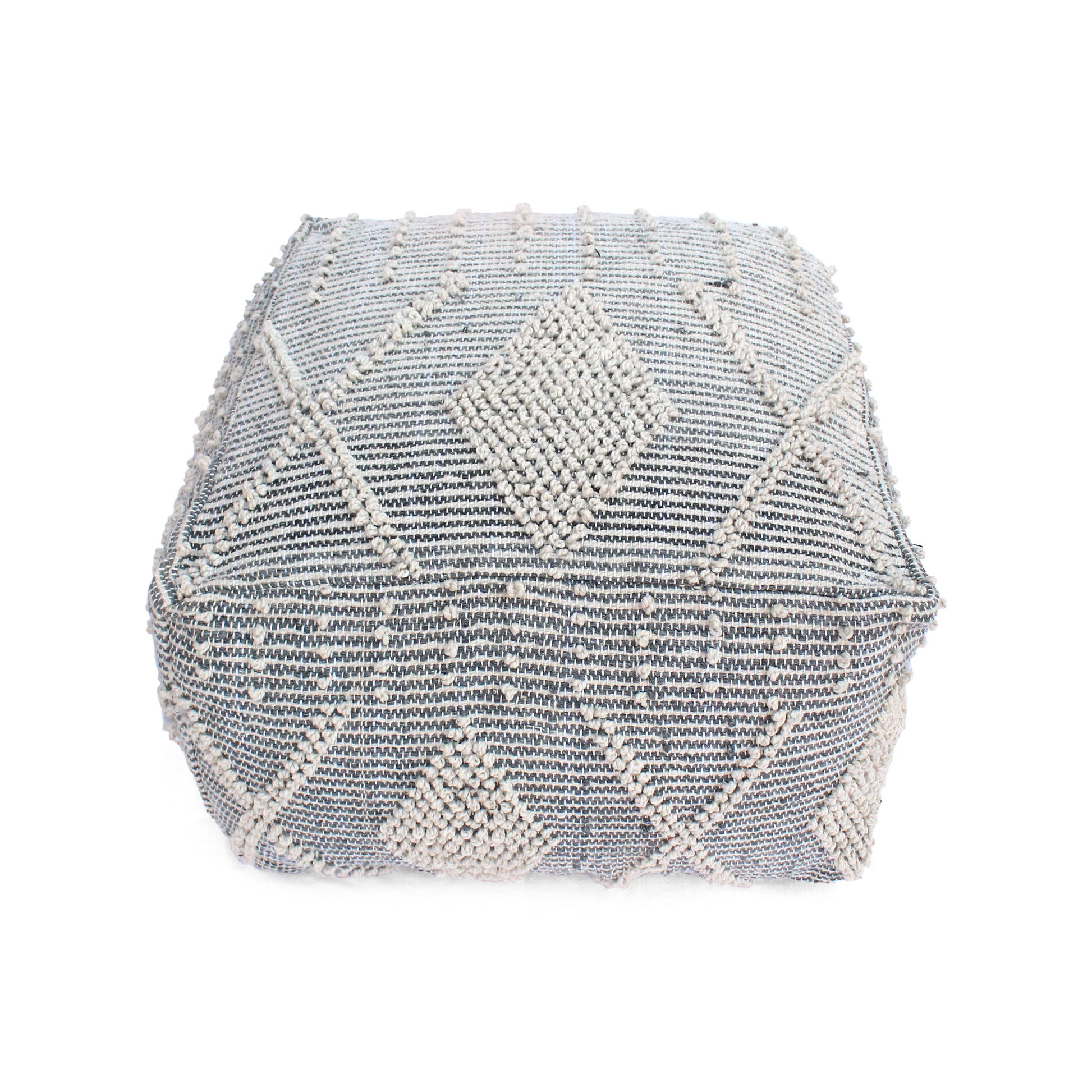 Diamond Large Handcrafted Faux Yarn Pouf, Ivory And Grey Ivory Grey Fabric