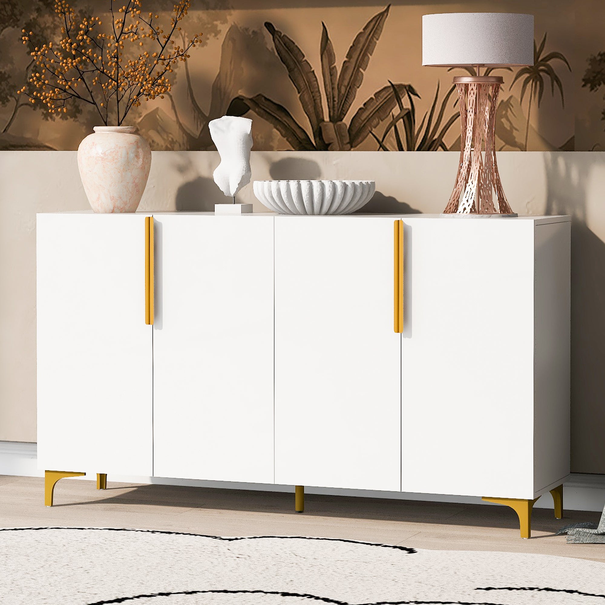 Glossy Finish Light Luxury Storage Cabinet, Adjustable, Suitable For Living Room, Study, Hallway. White Mdf