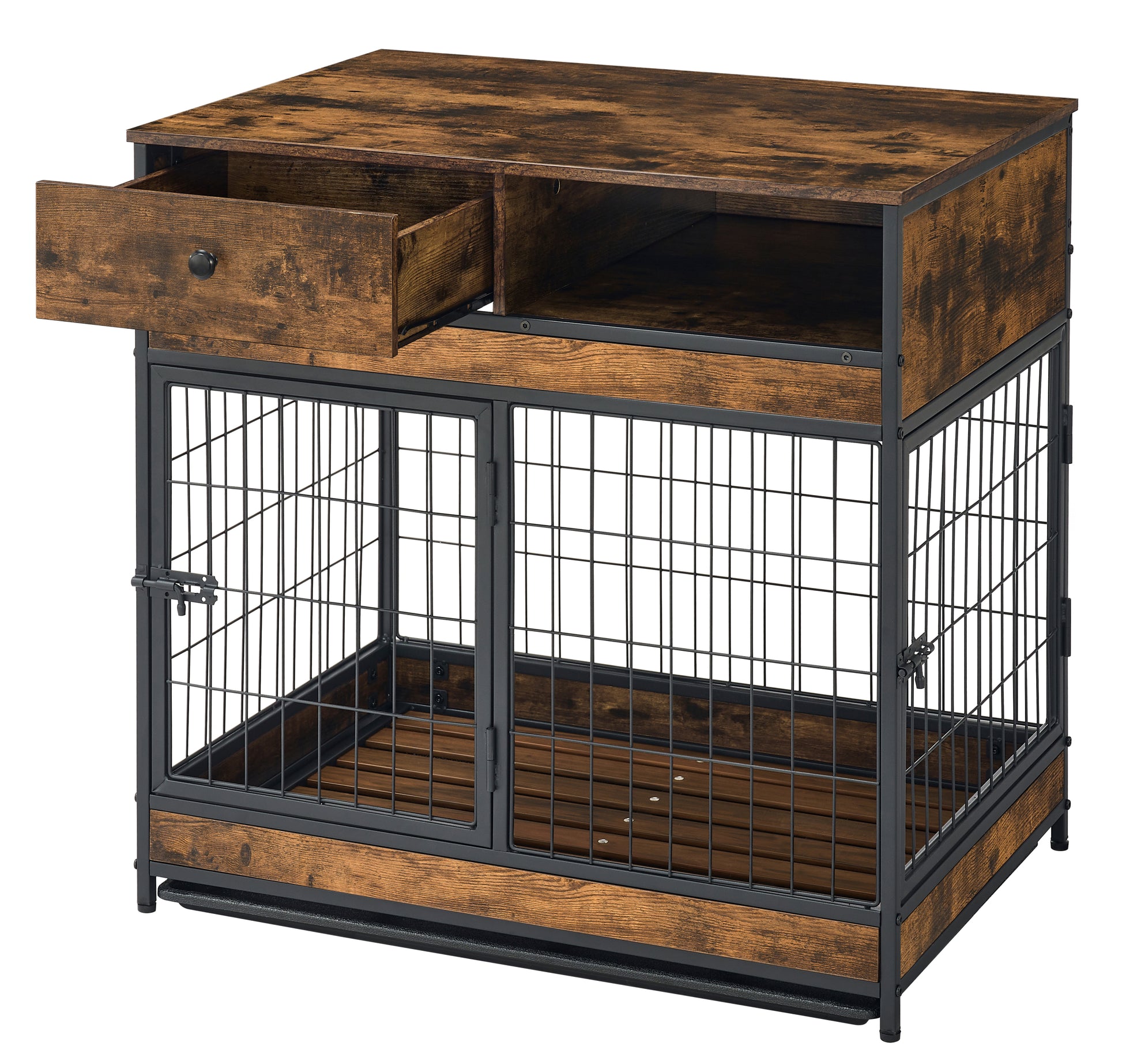 Furniture Dog Cage Crate With Double Doors ,Rustic Brown,31.5"Wx22.64"Dx30.59"H Antique Brown Metal & Wood