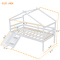 Twin Low Loft House Bed With Slide, Ladder, Safety Guardrails, House Roof Frame,White Twin White American Design Pine