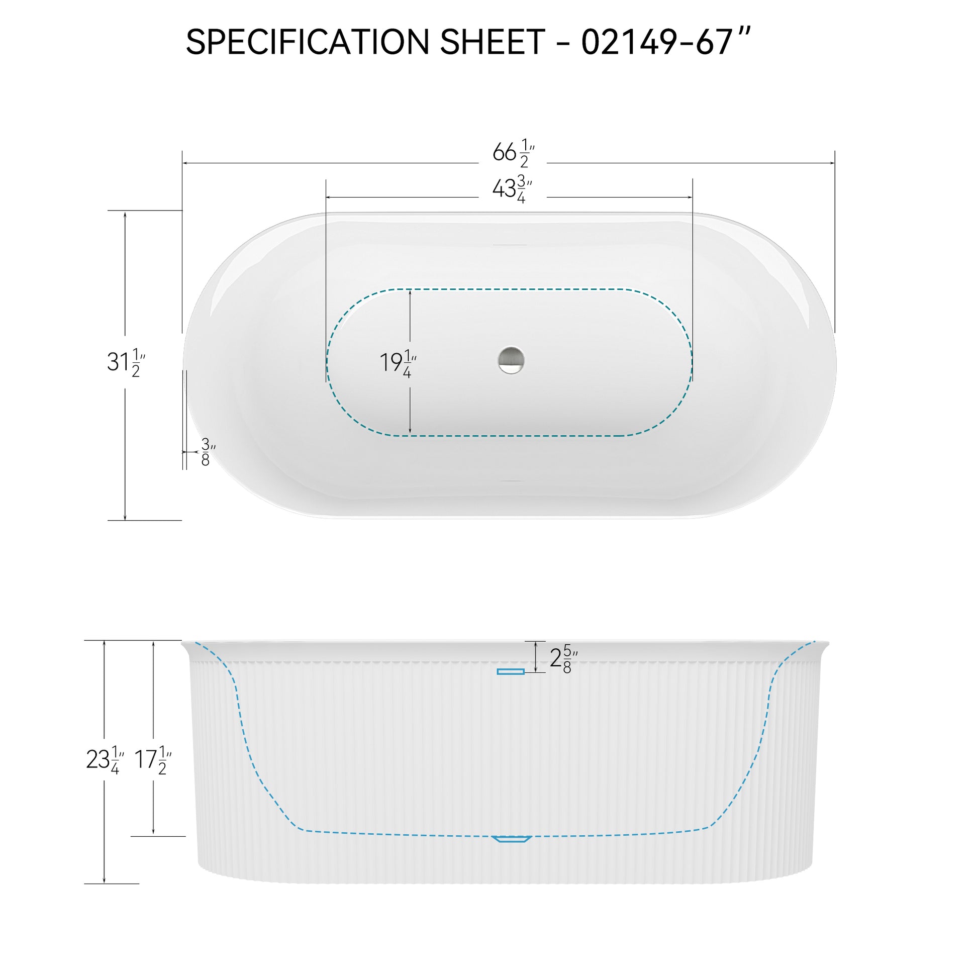 67" Acrylic Freestanding Bathtub Acrylic Soaking Tubs, Fluted Style Gloss White Freestanding Bathtub With Classic Slotted Overflow And Toe Tap Drain In Chrome, 02149 Glossy White Oval Bathroom Freestanding Tubs Polished 61 69 In Contemporary Soaking