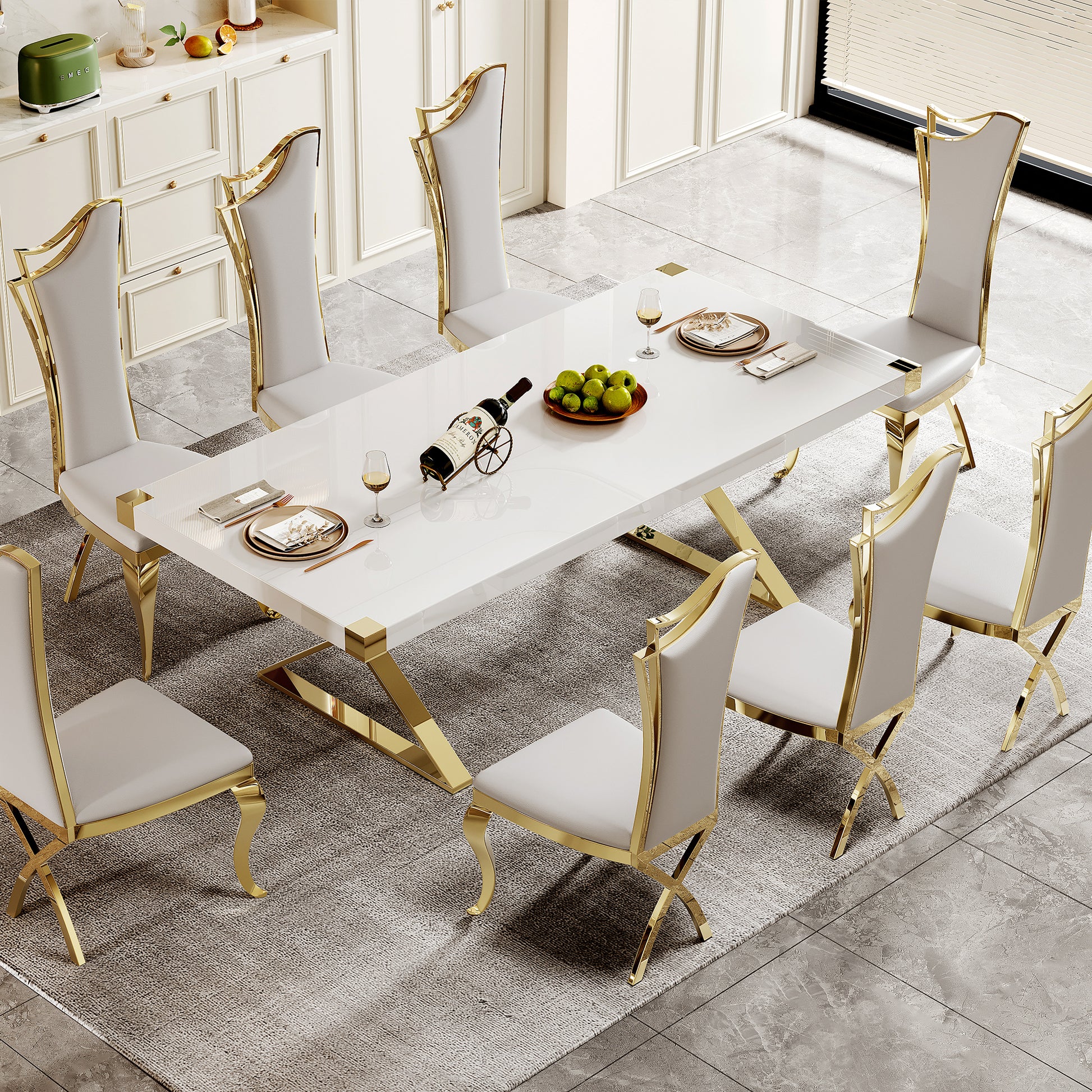 Mdf With Gold Finish Corner Top Dining Table, Gold Finish Stainless Steel Base White Gold Mdf