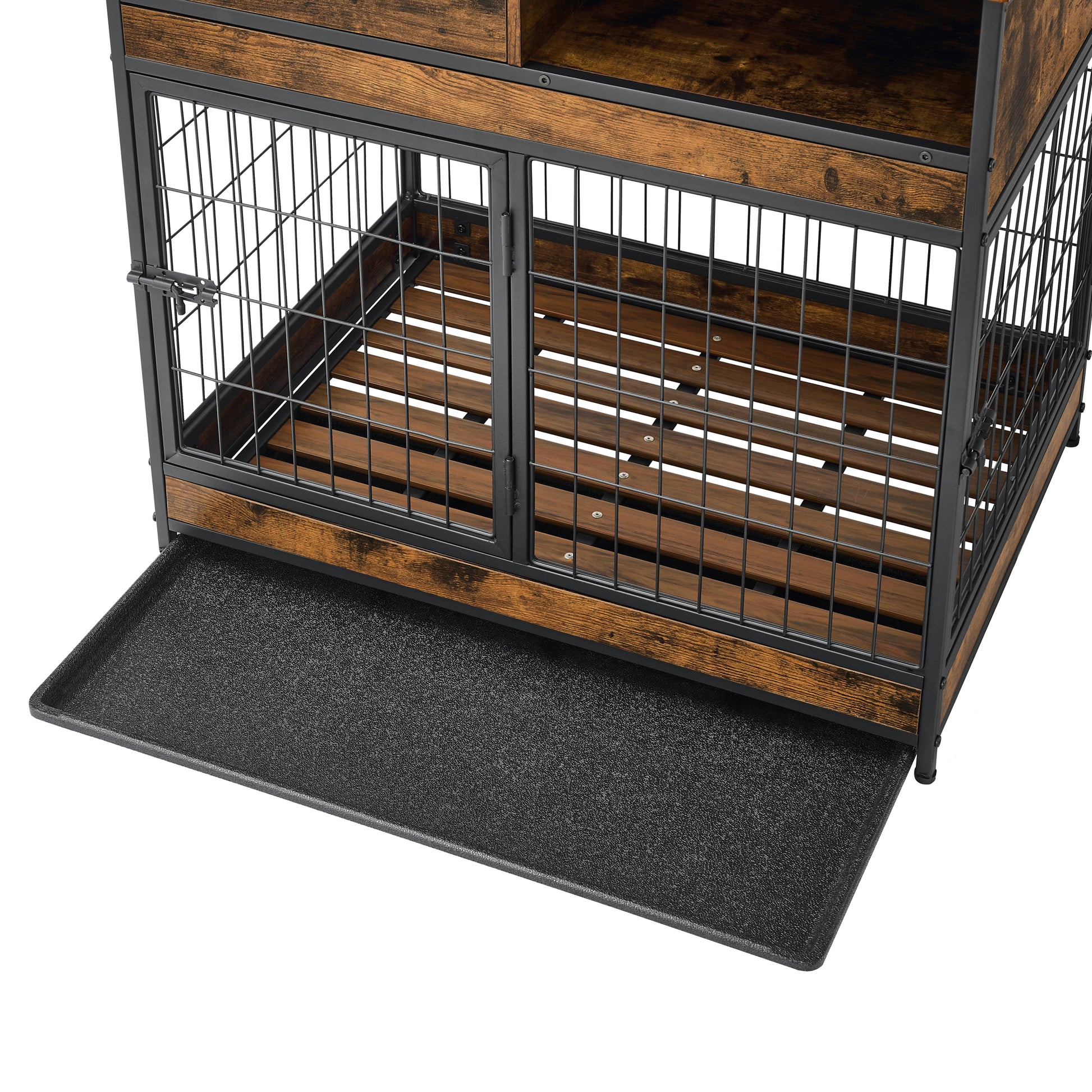 Furniture Dog Cage Crate With Double Doors ,Rustic Brown,31.5"Wx22.64"Dx30.59"H Antique Brown Metal & Wood