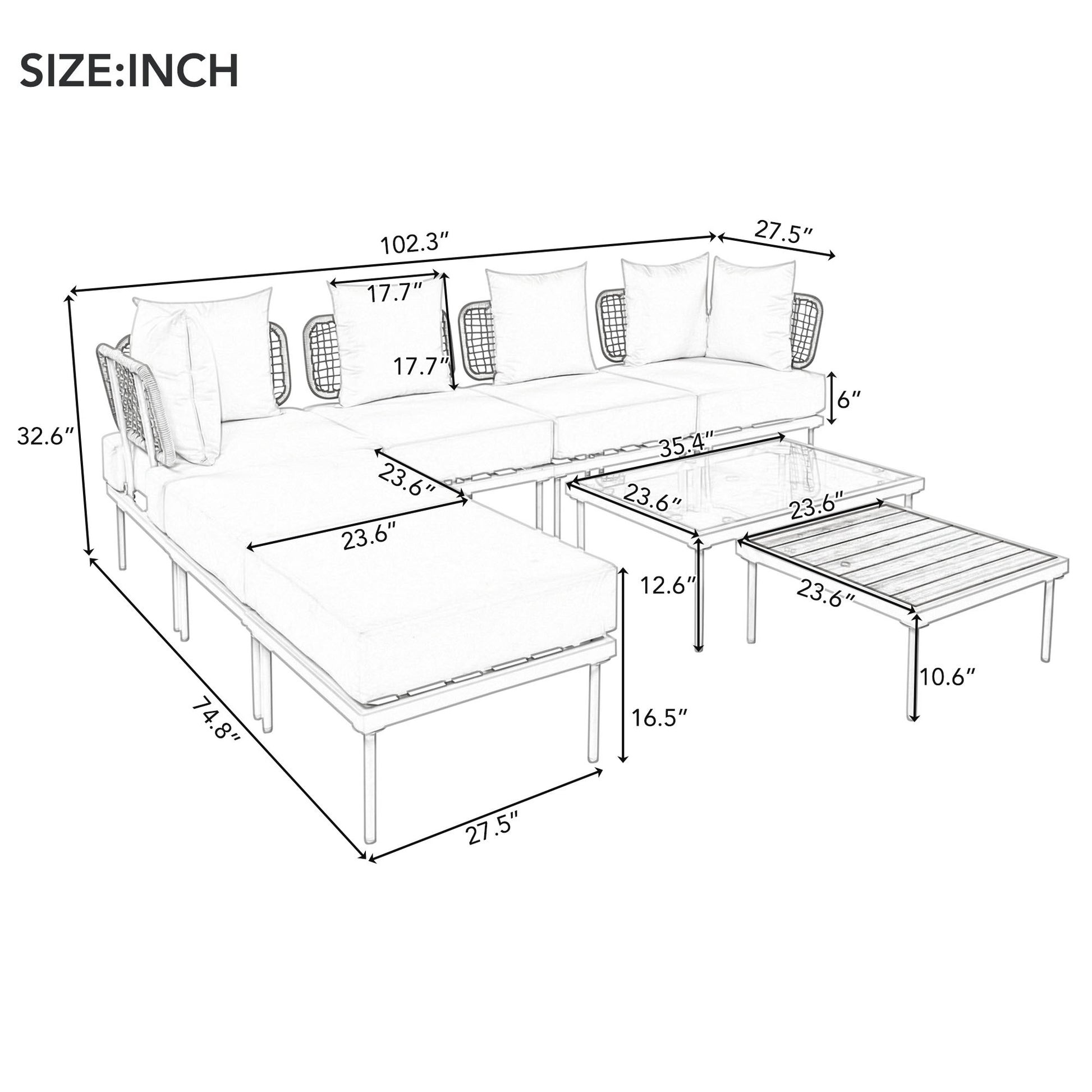 8 Piece Patio Sectional Sofa Set With Tempered Glass Coffee Table And Wooden Coffee Table For Outdoor Oasis, Garden, Patio And Poolside Beige Cushion White Steel Beige Iron