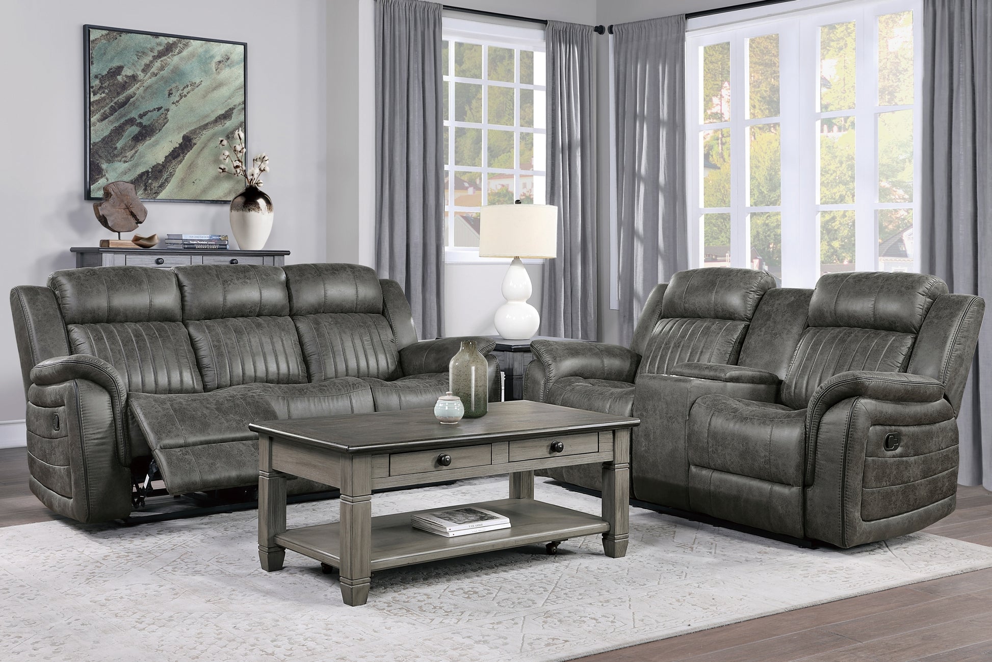 Classic Brownish Gray 1Pc Double Reclining Loveseat With Storage Console Cupholder Plush Comfort Pillow Top Arms Vertical Tufting Solid Wood Transitional Living Room Furniture Gray Microfiber Wood Primary Living Space Classic,Transitional Pillow Top Arms