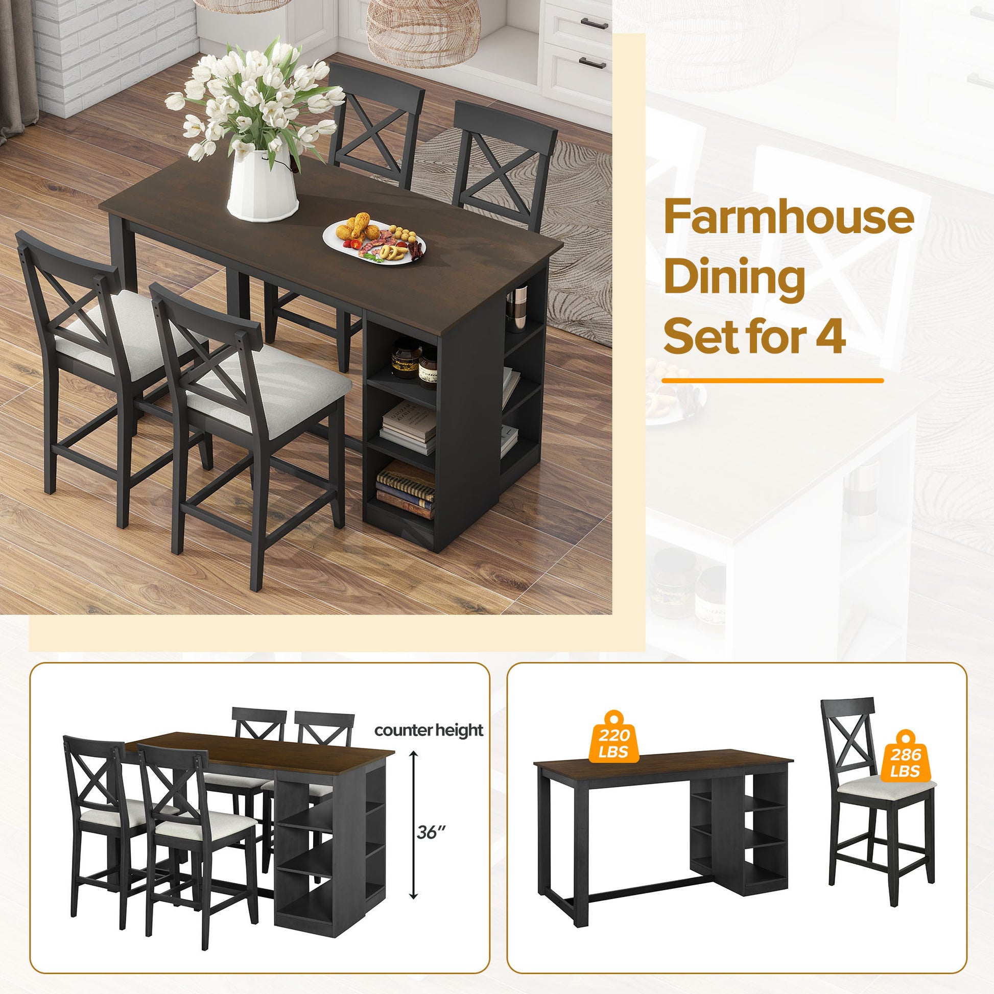 60"Lx30"W Solid Wood Farmhouse Counter Height Dining Table Set With 3 Tier Storage Shelves, Upholstered Dining Chairs For 4, 5 Piece, Gray Wood Dining Room Solid Wood Rubberwood Rectangular Dining Table With Chair Wood Wood Gray Seats 4 Farmhouse 4 Leg