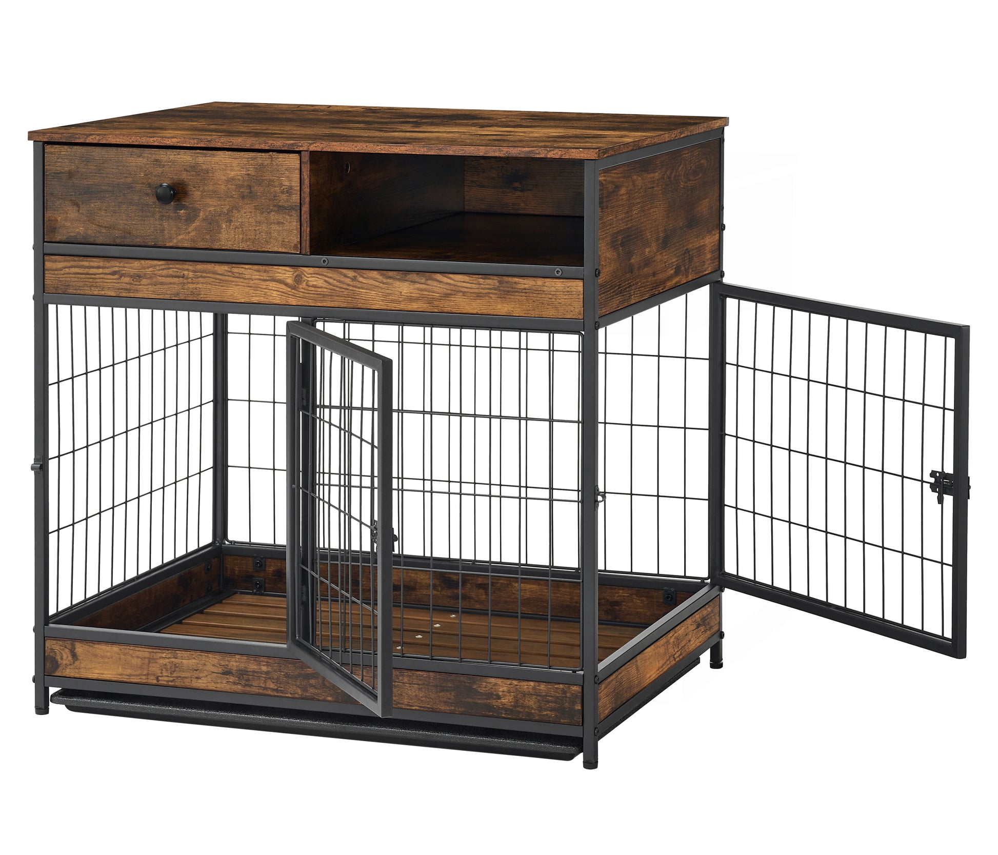 Furniture Dog Cage Crate With Double Doors ,Rustic Brown,31.5"Wx22.64"Dx30.59"H Antique Brown Metal & Wood