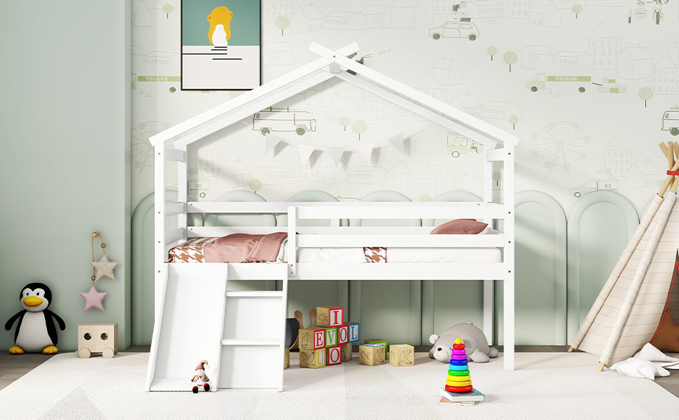 Twin Low Loft House Bed With Slide, Ladder, Safety Guardrails, House Roof Frame,White Twin White American Design Pine