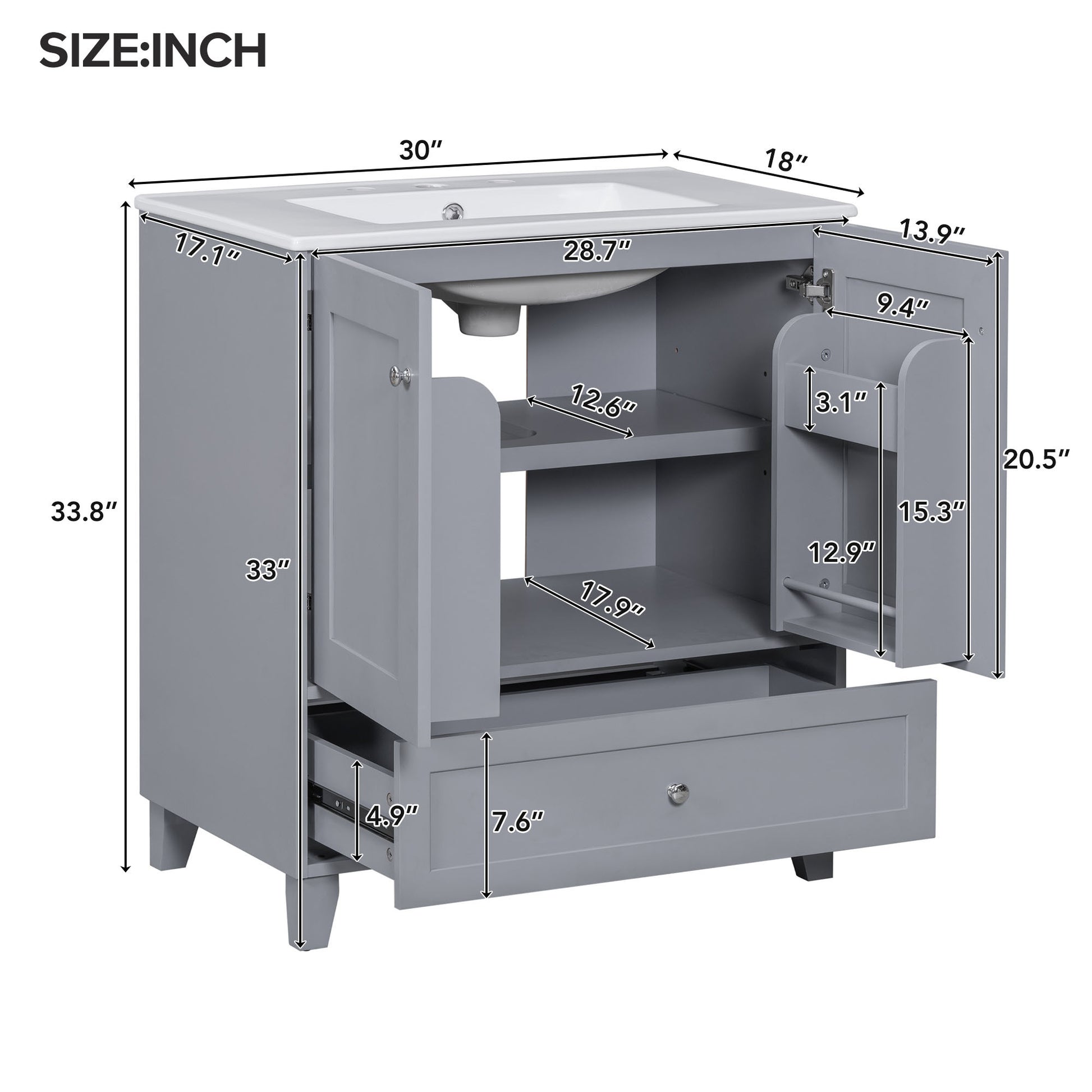 30" Premium Bathroom Vanity Set With Ceramic Sink And Large Storage Space Ideal For Small Bathrooms Blue Gray Bathroom Solid Wood Mdf