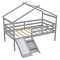 Twin Low Loft House Bed With Slide, Ladder, Safety Guardrails, House Roof Frame,Grey Twin Grey American Design Pine