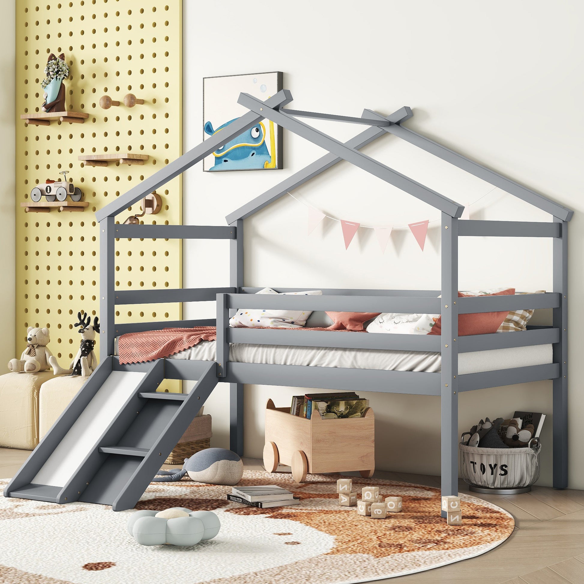 Twin Low Loft House Bed With Slide, Ladder, Safety Guardrails, House Roof Frame,Grey Twin Grey American Design Pine