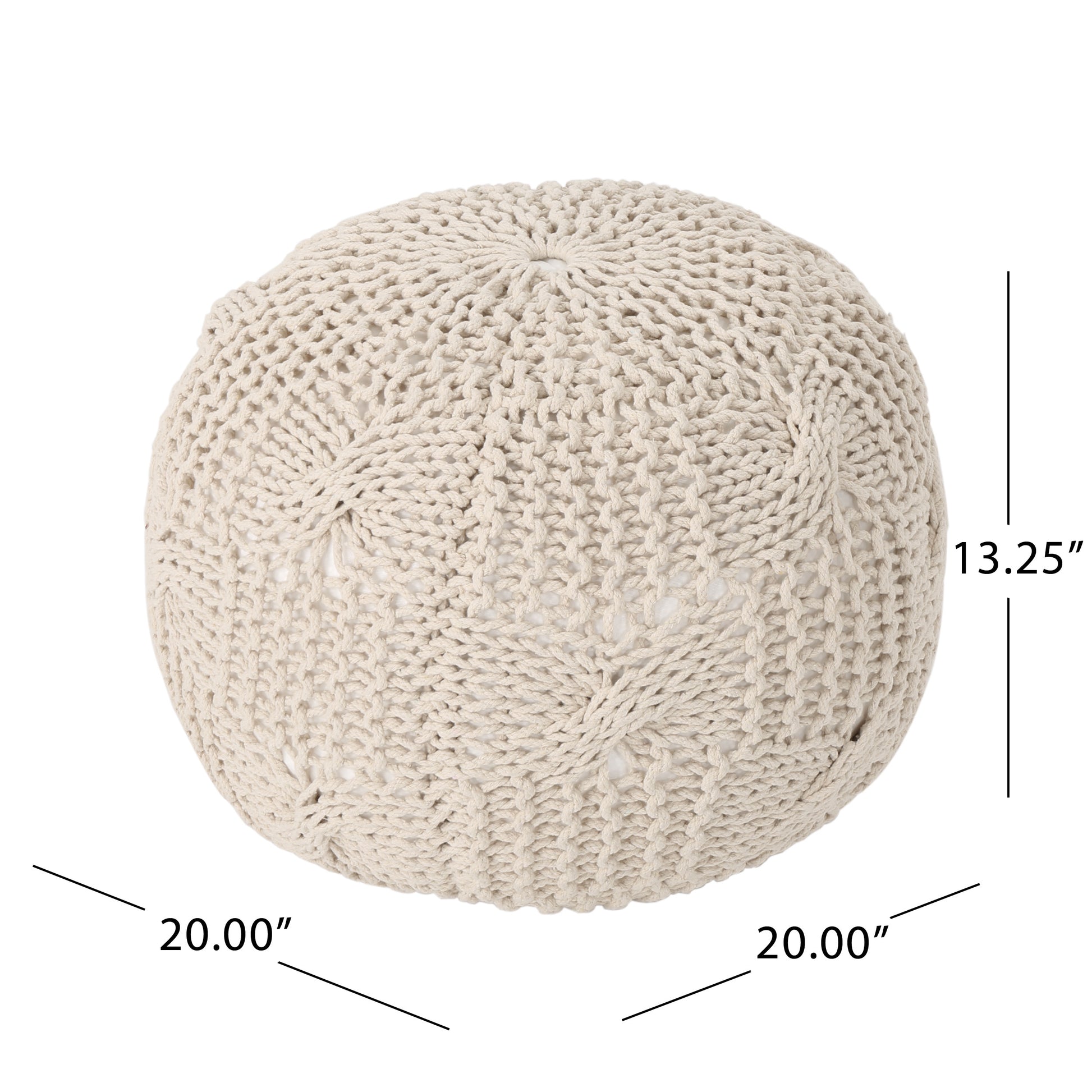 Bordeaux Knitted Cotton Round Pouf, Beige Beige Cotton