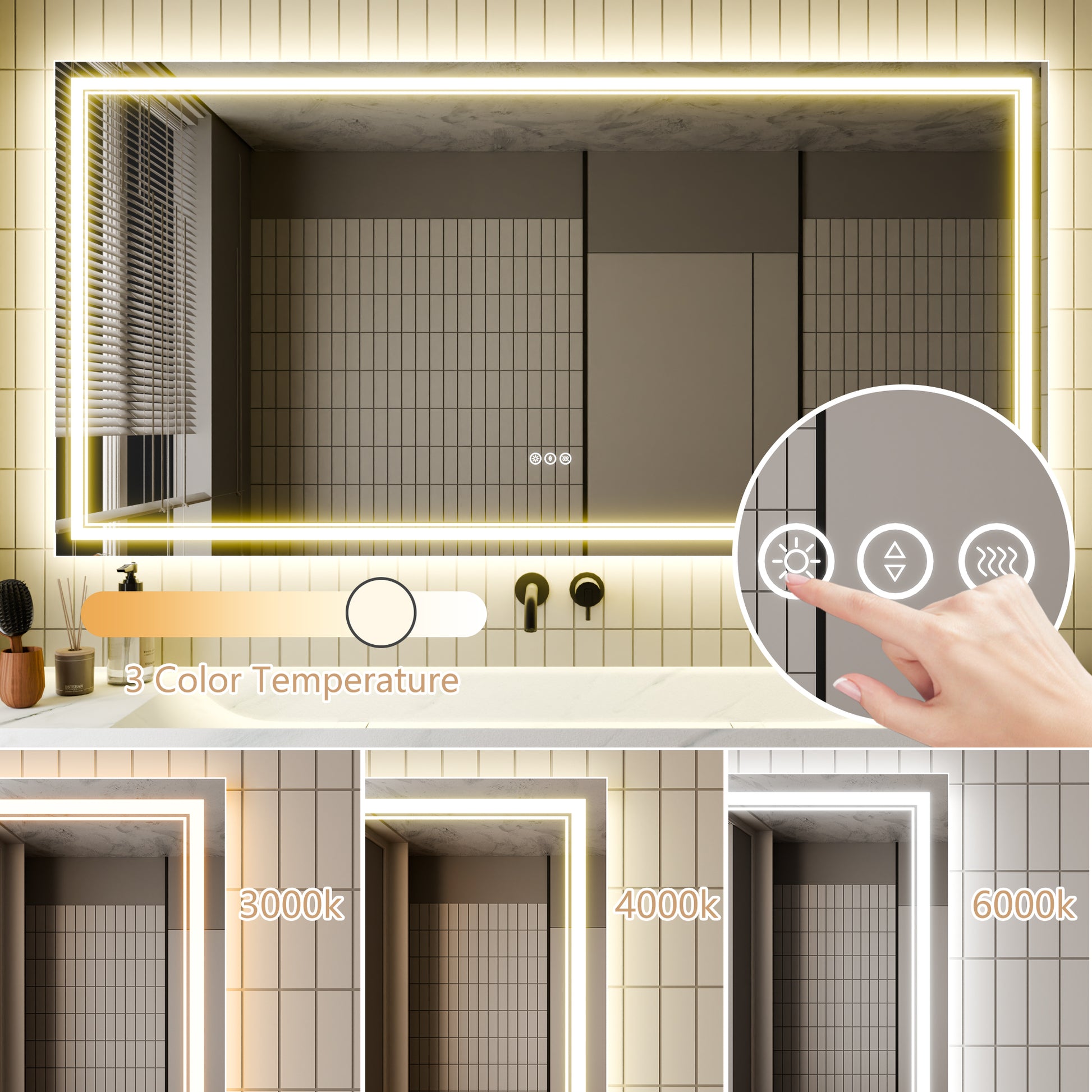 Led Bathroom Mirror, 36X72 Inch Bathroom Vanity Mirrors With Lights, Mirrors For Wall With Smart Touch Button, Anti Fog, Memory Function, Stepless Dimmable Makeup Mirror Horizontal Vertical White Aluminium