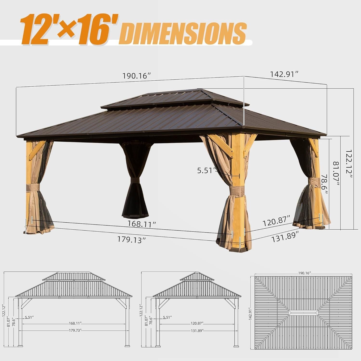 12X16Ft Cedar Wood Gazebo, Solid Wood Hardtop Gazebo With Galvanized Steel Double Roof, Netting & Curtains, Outdoor Gazebo For Patio, Backyard, Deck, Lawns Brown Aluminum