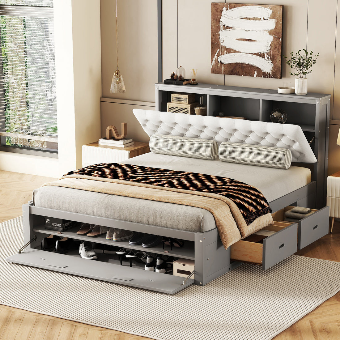 Wood Queen Size Platform Bed With Storage Headboard, Shoe Rack And 4 Drawers,Gray Box Spring Not Required Queen Gray Wood Bedroom Bed Frame Solid Wood Mdf