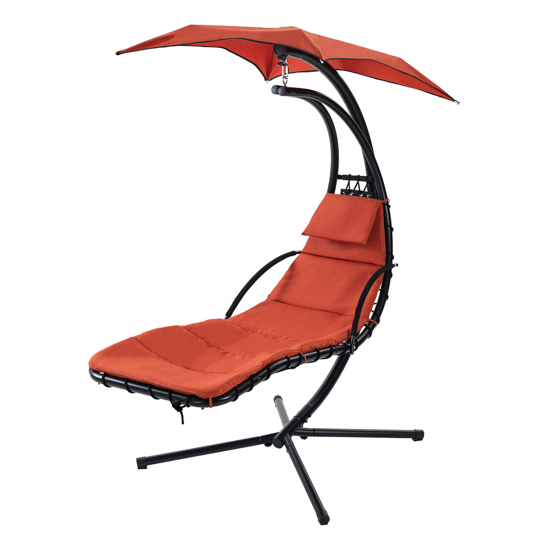 Hanging Chaise Lounger With Removable Canopy, Outdoor Swing Chair With Built In Pillow, Hanging Curved Chaise Lounge Chair Swing For Patio Porch Poolside, Hammock Chair With Stand Orange Orange Metal