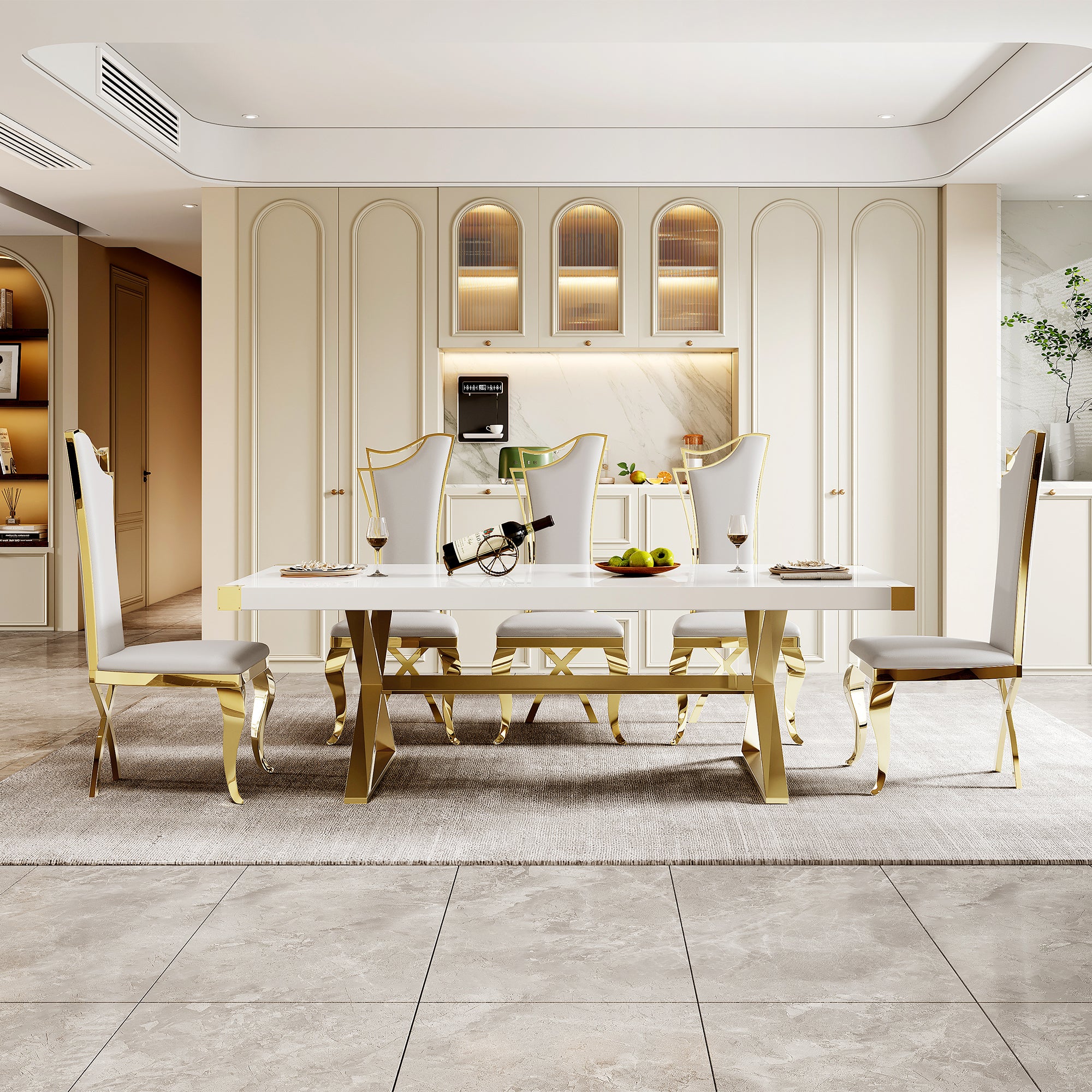 Mdf With Gold Finish Corner Top Dining Table, Gold Finish Stainless Steel Base White Gold Mdf