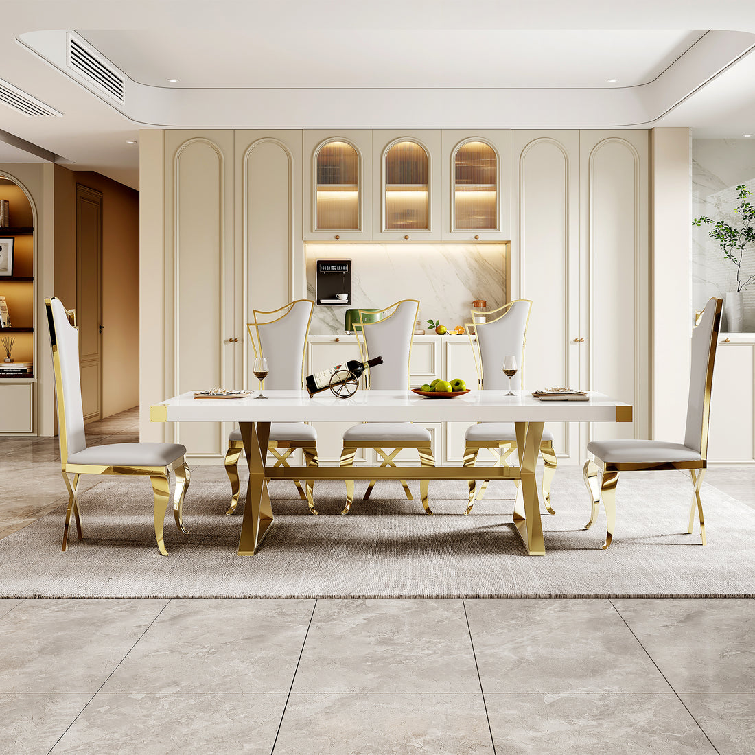 Mdf With Gold Finish Corner Top Dining Table, Gold Finish Stainless Steel Base White Gold Mdf