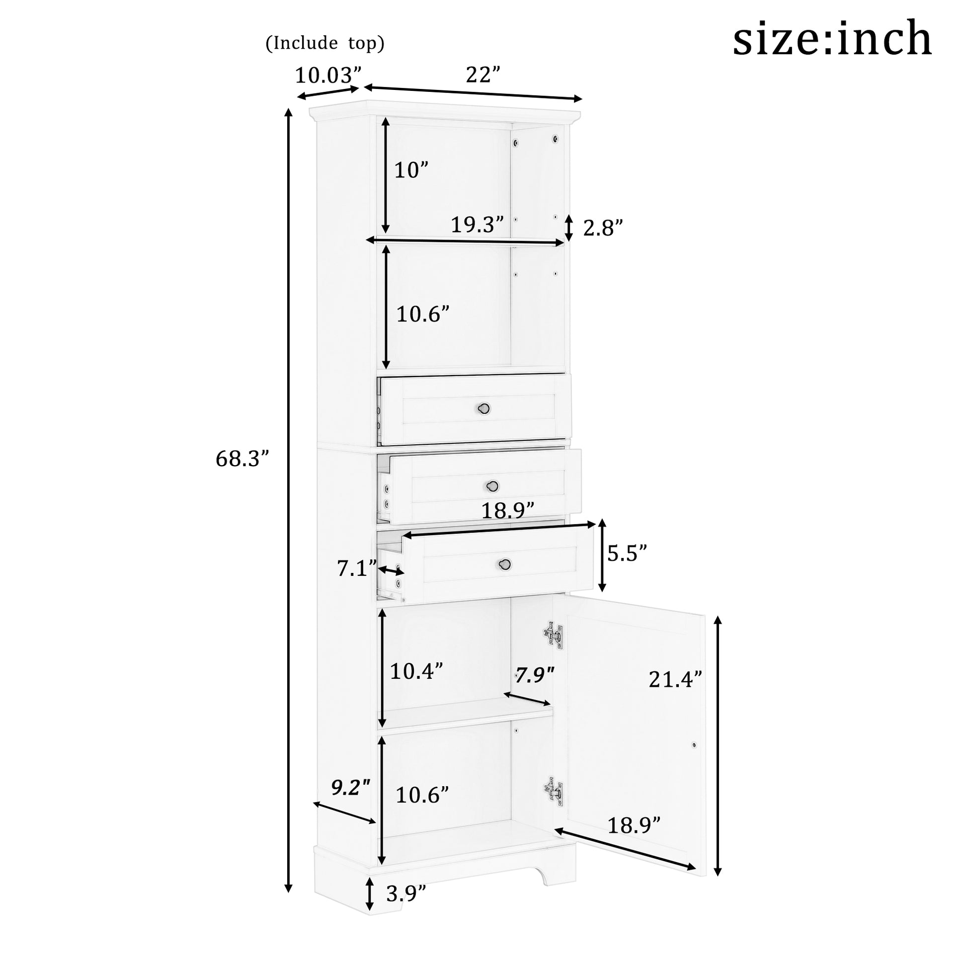 White Tall Storage Cabinet With 3 Drawers And Adjustable Shelves For Bathroom, Kitchen And Living Room, Mdf Board With Painted Finish White Mdf