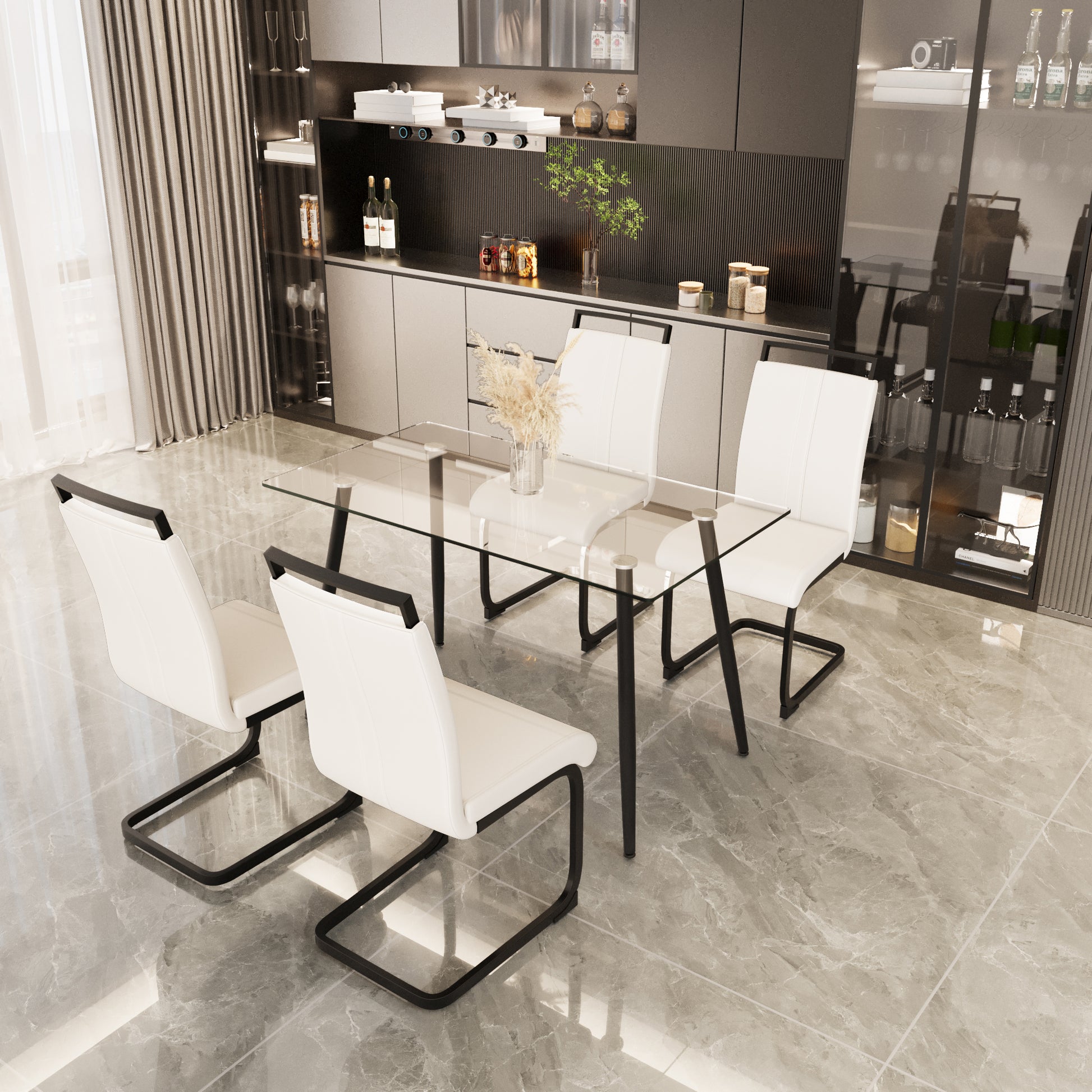 51 Inch Glass Dining Table Set For 4, Dining Table & Chair Sets With Black Metal Legs For Kitchen, Modern Rectangle Tempered Glass Table Top And Pu Dining Armless Chair For Dining Room Transparent Glass