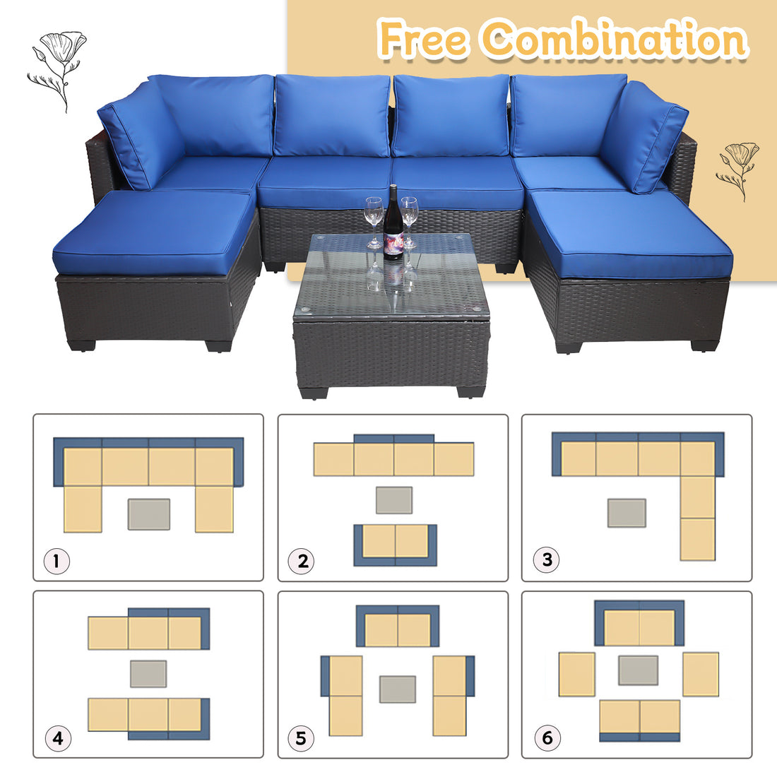 Outdoor Garden Patio Furniture 7 Piece Pe Rattan Wicker Cushioned Sofa Sets And Coffee Table, Patio Furniture Set Outdoor Couch Outdoor Couch Patio Furniture Outdoor Sofa Patio Couch Yes Complete Patio Set Black Blue Rust Resistant Frame Water Resistant