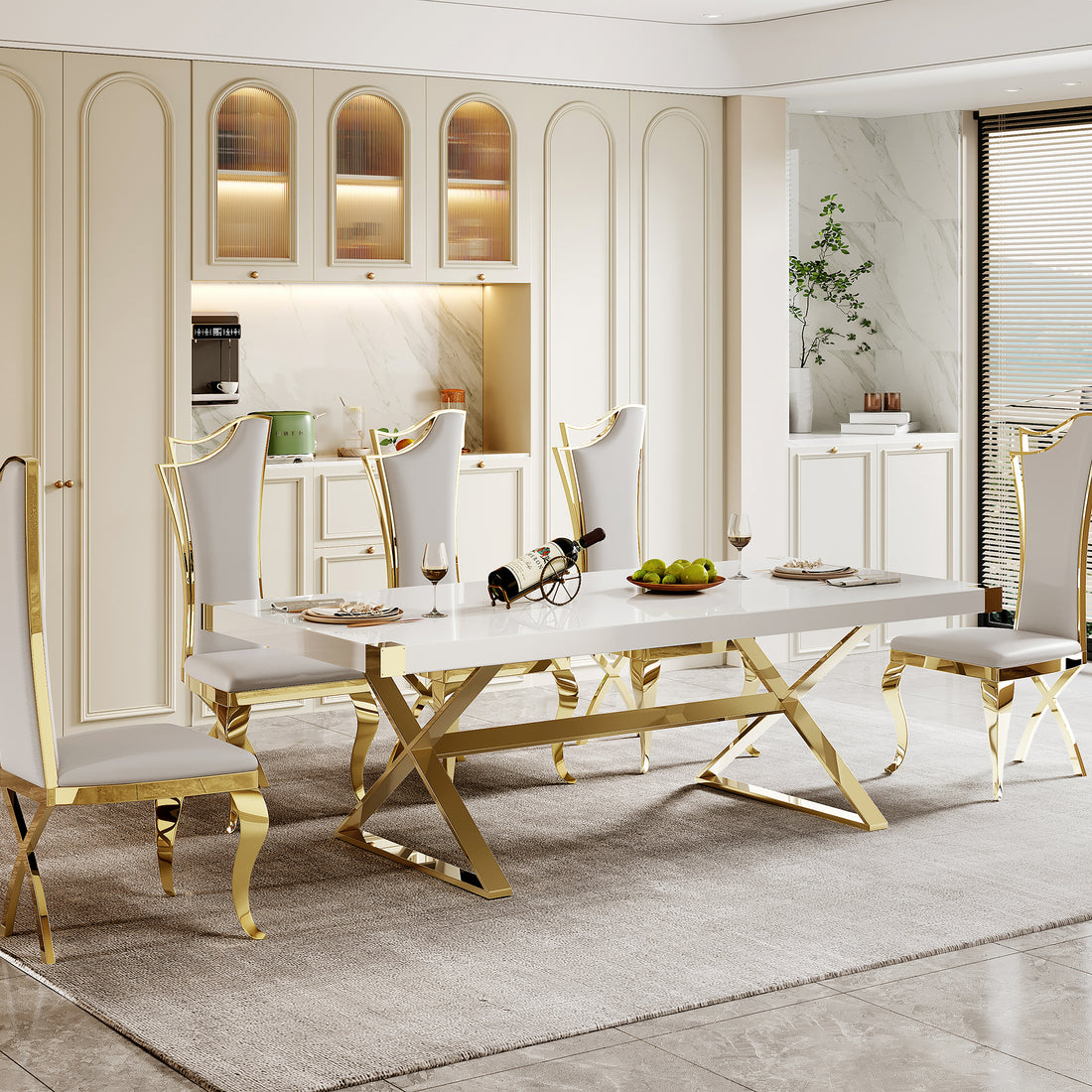 Mdf With Gold Finish Corner Top Dining Table, Gold Finish Stainless Steel Base White Gold Mdf