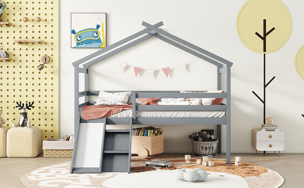 Twin Low Loft House Bed With Slide, Ladder, Safety Guardrails, House Roof Frame,Grey Twin Grey American Design Pine