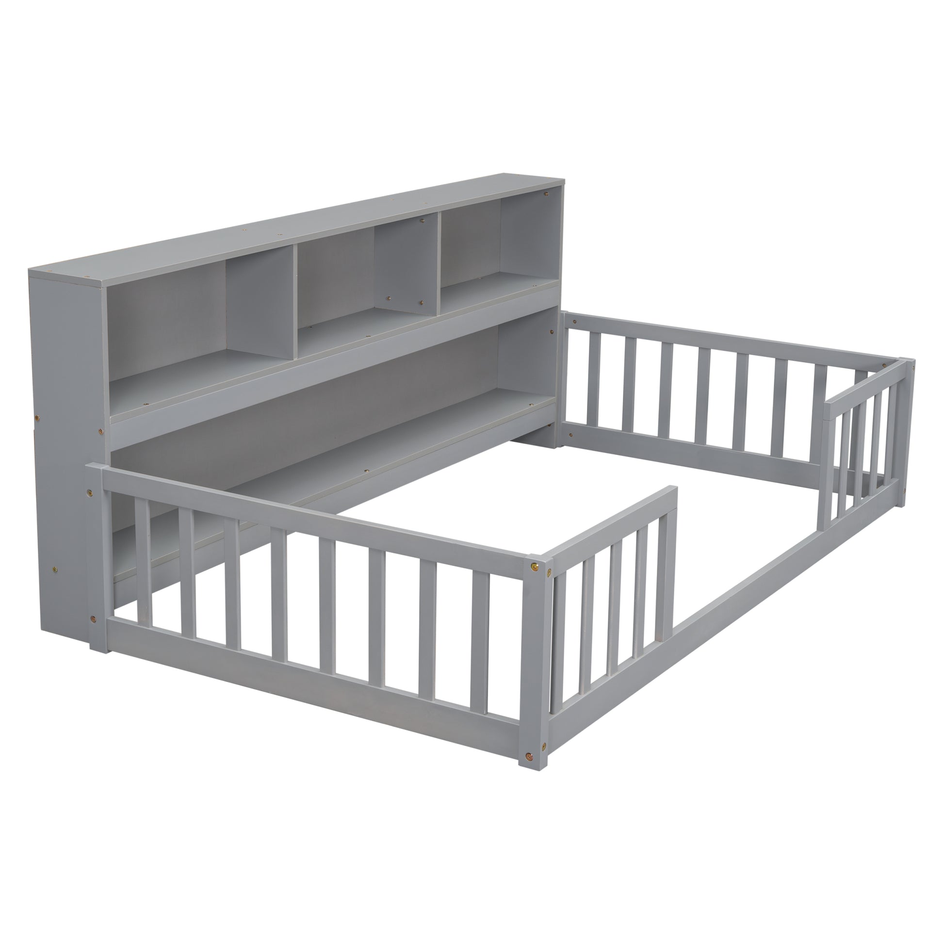 Twin Floor Bed With Bedside Bookcase,Shelves,Guardrails,Grey Twin Grey Bedroom American Design Pine