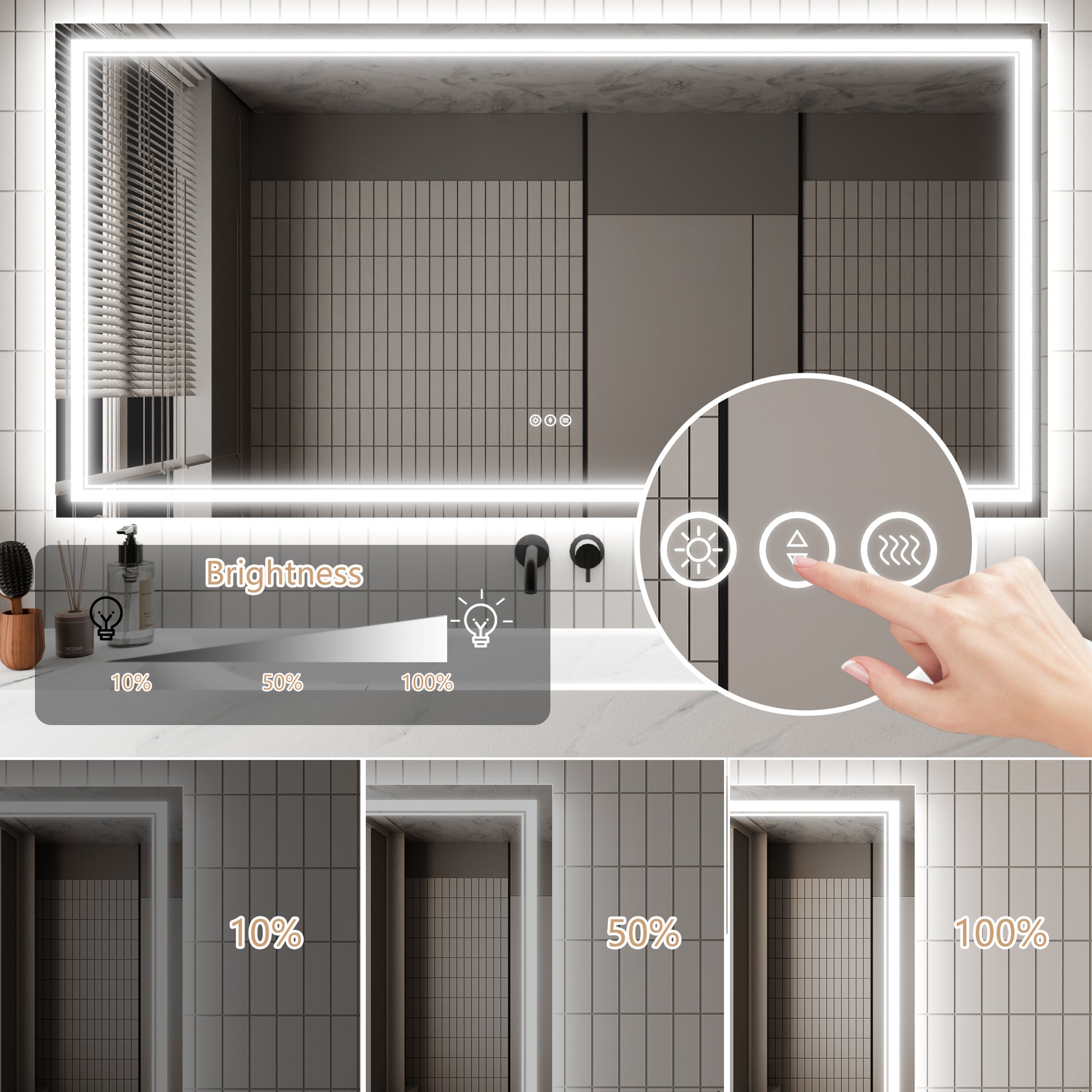 Led Bathroom Mirror, 36X72 Inch Bathroom Vanity Mirrors With Lights, Mirrors For Wall With Smart Touch Button, Anti Fog, Memory Function, Stepless Dimmable Makeup Mirror Horizontal Vertical White Aluminium