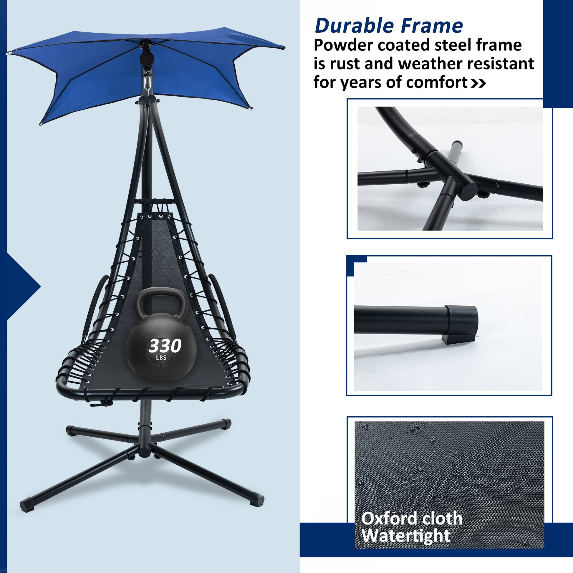 Hanging Chaise Lounger With Removable Canopy, Outdoor Swing Chair With Built In Pillow, Hanging Curved Chaise Lounge Chair Swing For Patio Porch Poolside, Hammock Chair With Stand Navt Navy Metal