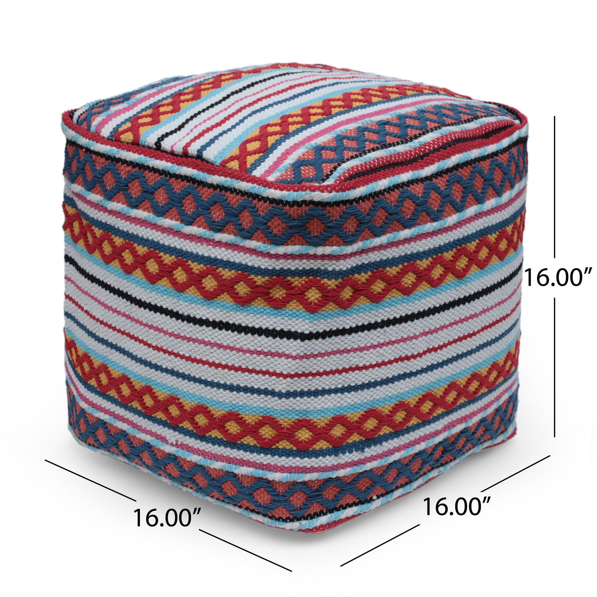 Hamlet Square Pouf, White, Yellow And Multi Red Multicolor Fabric