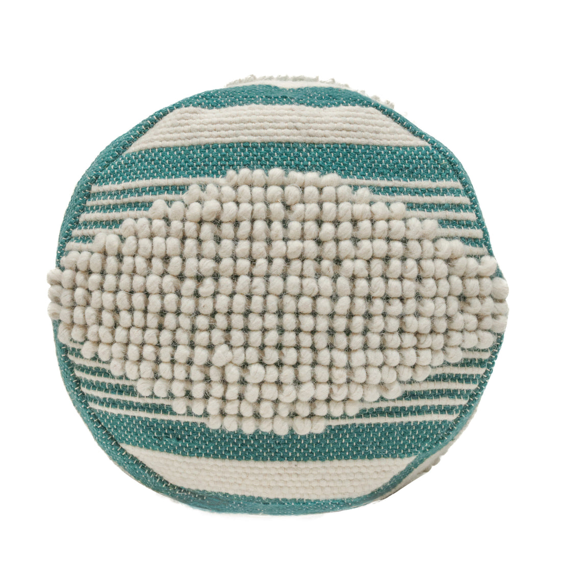 Diamond Handcrafted Fabric Cylindrical Pouf, White And Teal Teal Fabric