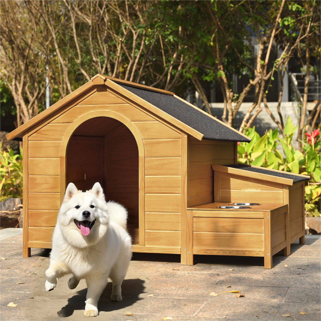 51.18" L X 43.7" W X 37" H Large Size Wooden Dog House, Dog Crate For Large Dog Breeds, Cabin Style Raised Dog Shelter With Asphalt Roof, Solid Wood, Weatherproof, Nature Natural Wood Outdoor Kennel Large 41 70 Lbs Pine