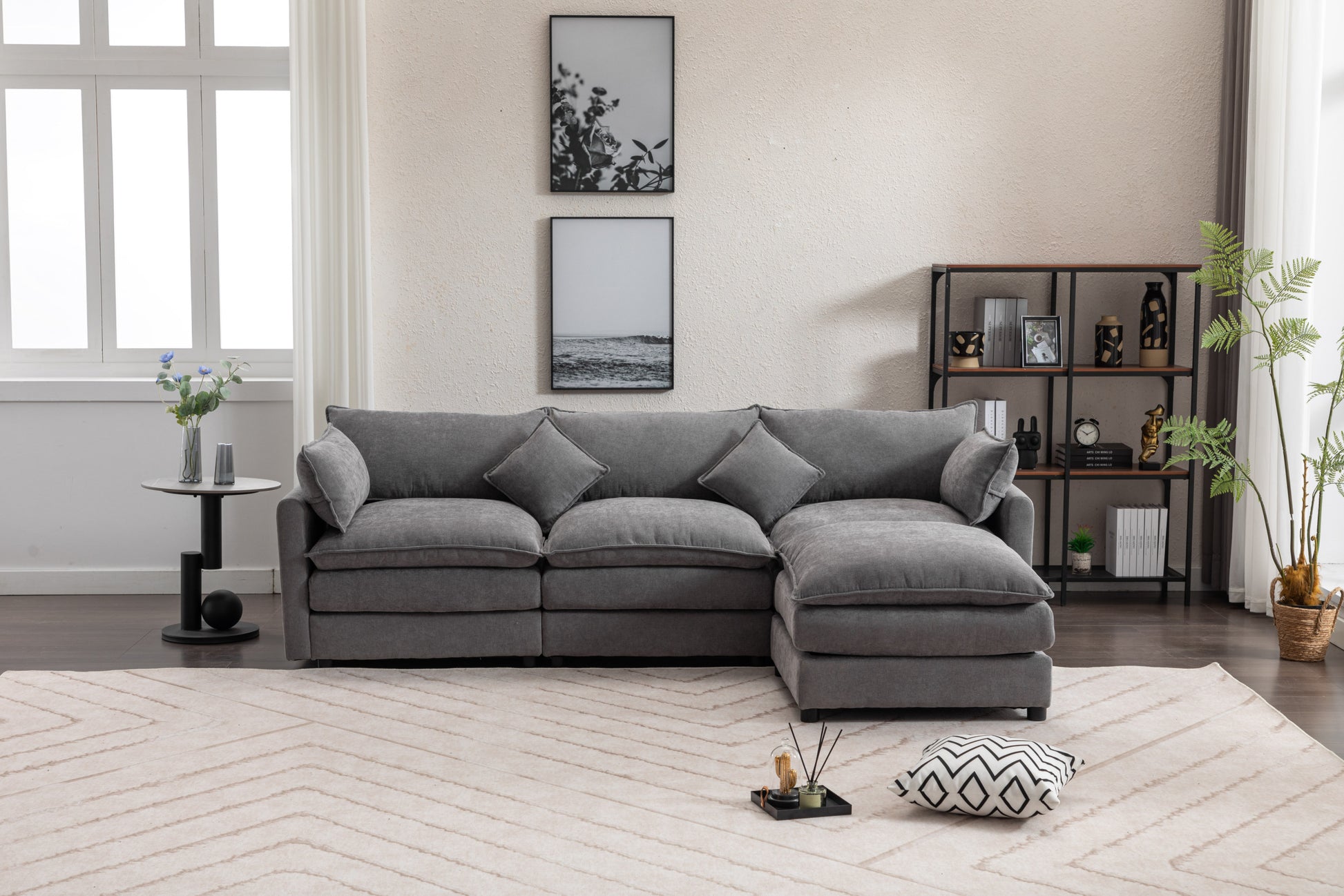 Modular Sectional Sofa, 3 Seater Sofa With Ottoman, Modern L Shaped Sofa For Living Room Bedroom Apartment Grey Wood Fabric