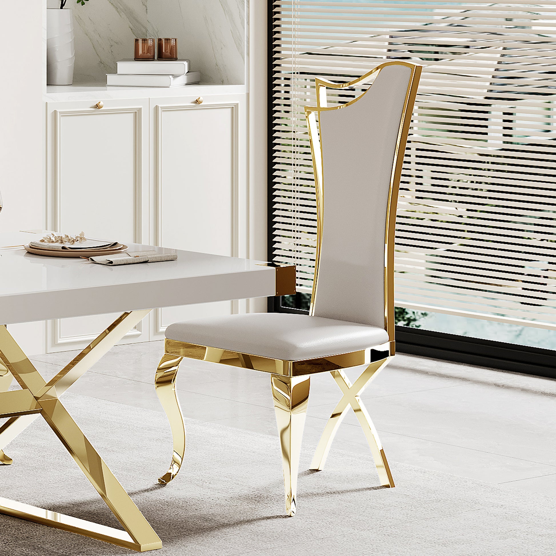 Mdf With Gold Finish Corner Top Dining Table, Gold Finish Stainless Steel Base White Gold Mdf