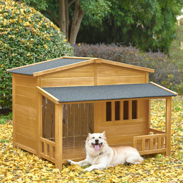 47.2" Wooden Dog House, Outdoor & Indoor Dog Crate, Pet Kennel With Porch, Solid Wood, Weatherproof, Medium, Nature Natural Wood Outdoor Kennel Medium 26 40 Lbs Pine