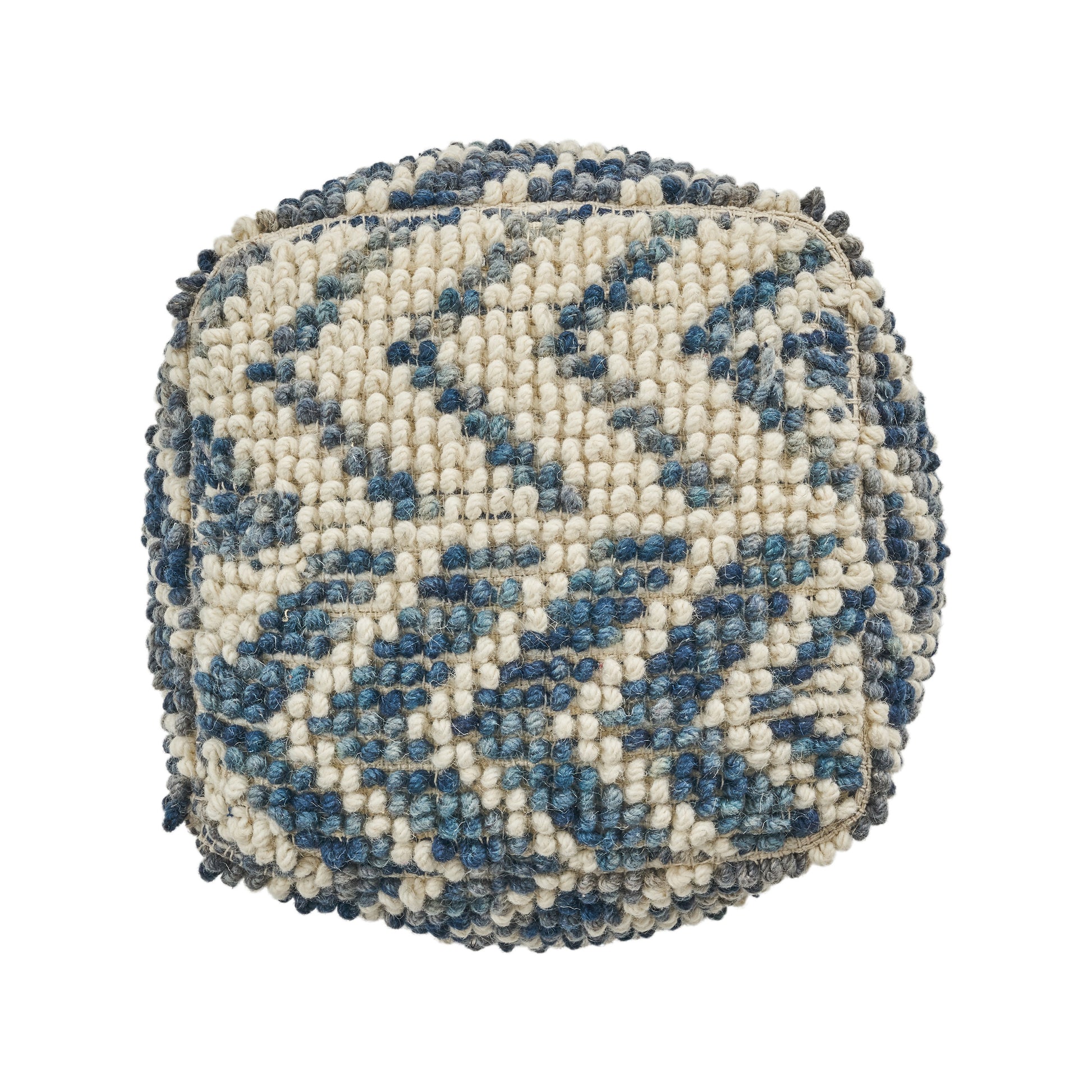 Alina Wool And Cotton Pouf, Natural And Blue Natural Wool