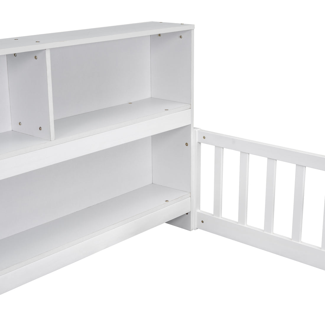 Twin Floor Bed With Bedside Bookcase,Shelves,Guardrails,White Twin White Bedroom American Design Pine