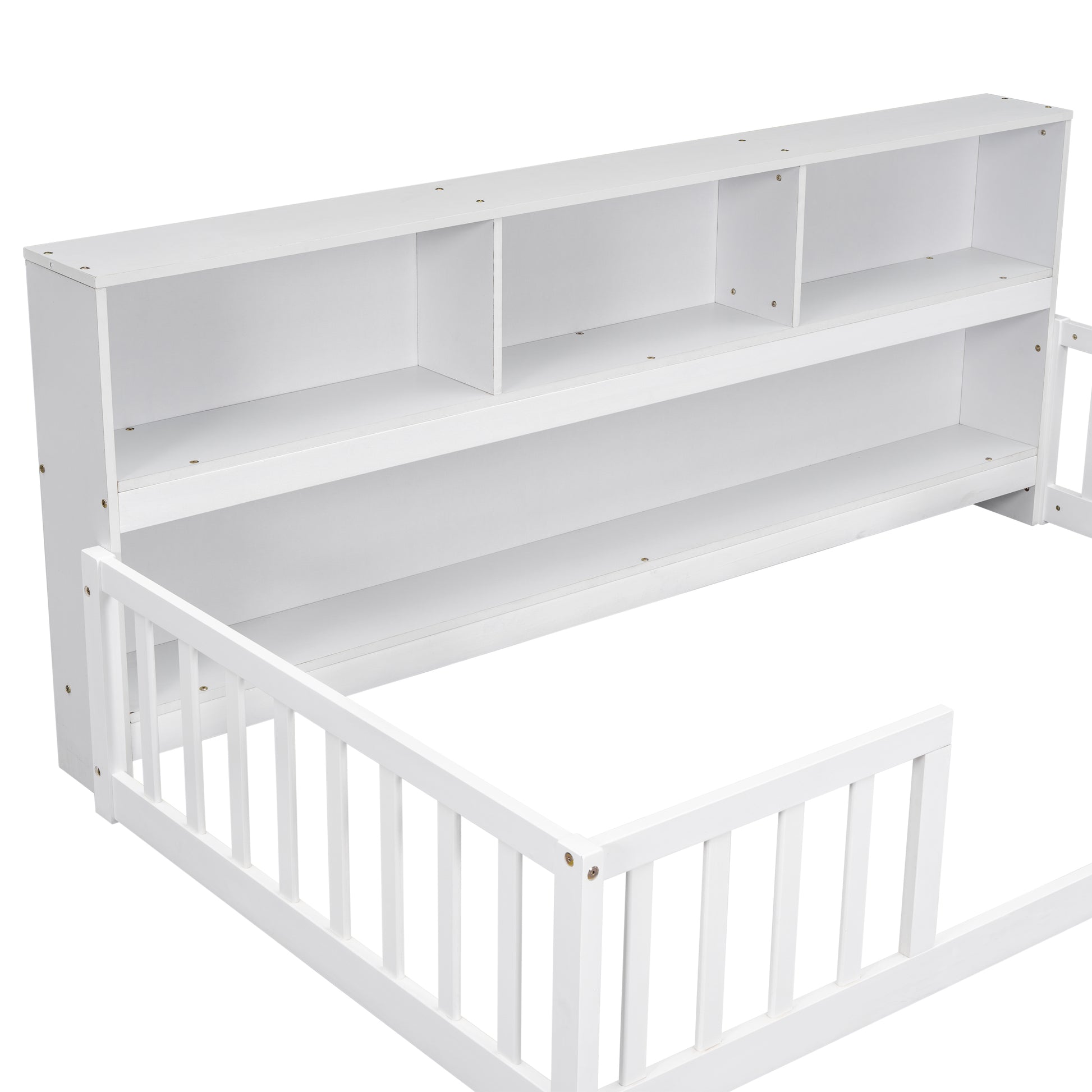 Twin Floor Bed With Bedside Bookcase,Shelves,Guardrails,White Twin White Bedroom American Design Pine